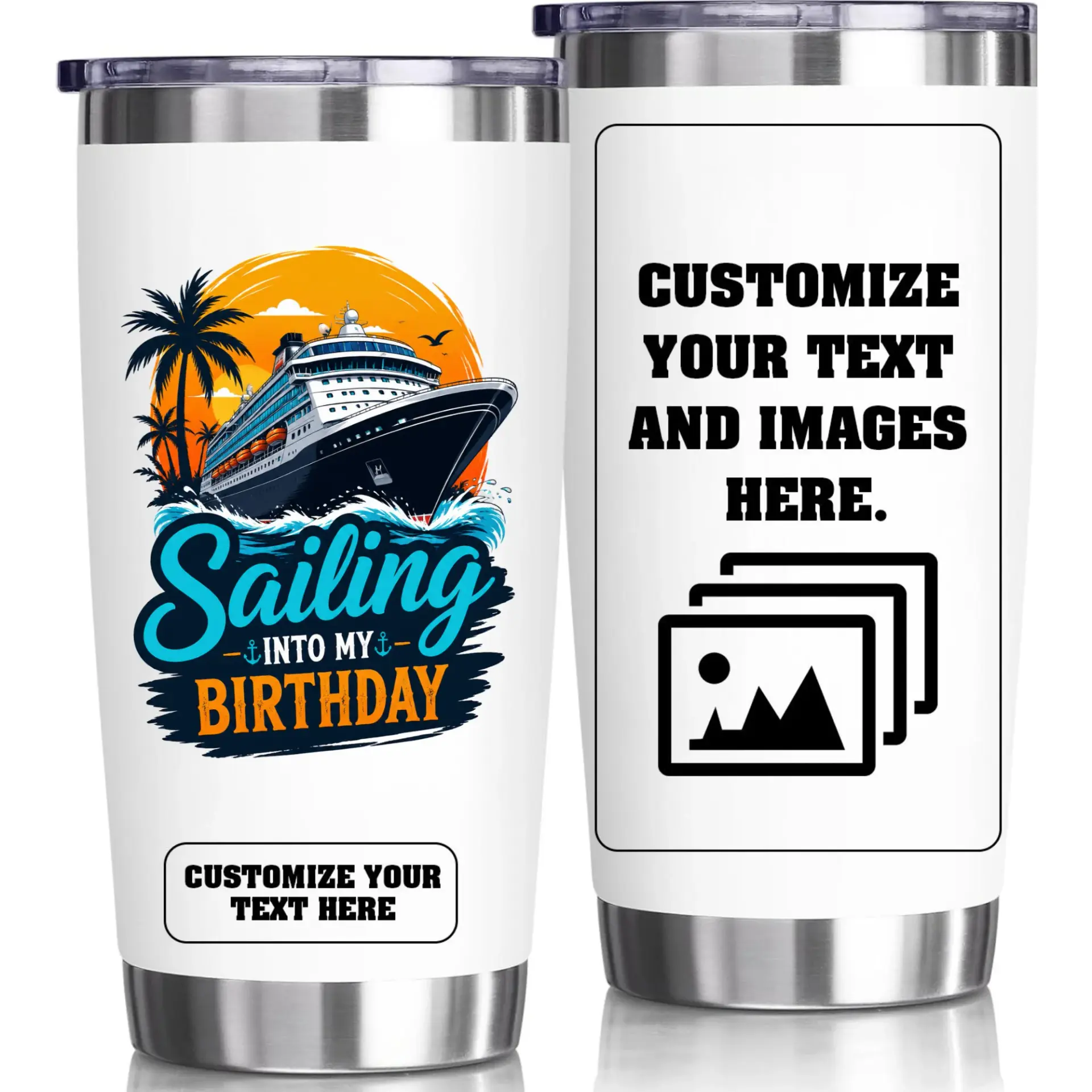 Risk: the Product Image Depicts a Template for Custom Manufacturing, Which Includes Instructional Text Like 'customize Your Text and Images Here' and 'customize Your Text Here' That Is Intended to Be Replaced, Rather Than a Finished Product Design.