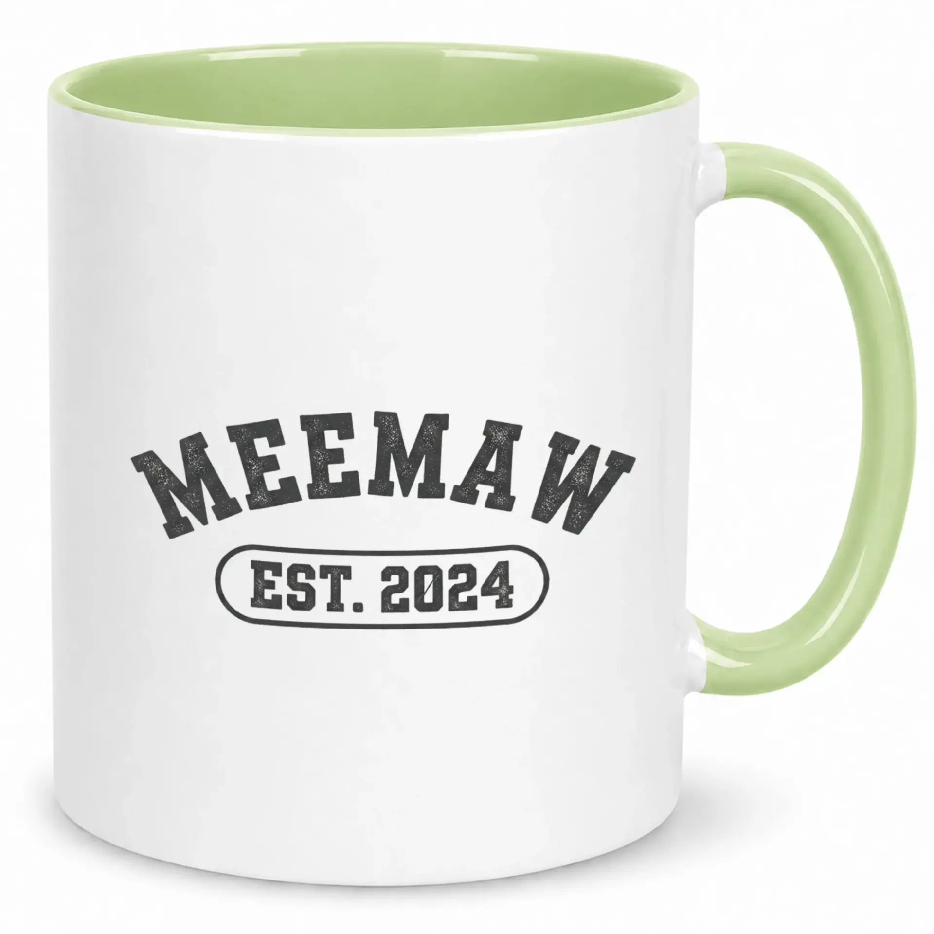 Coffee Mug for Meemaw Established 2024 Green Handled Ceramic Cup Thoughtful Gift New Grandmothers Tea Drinkware