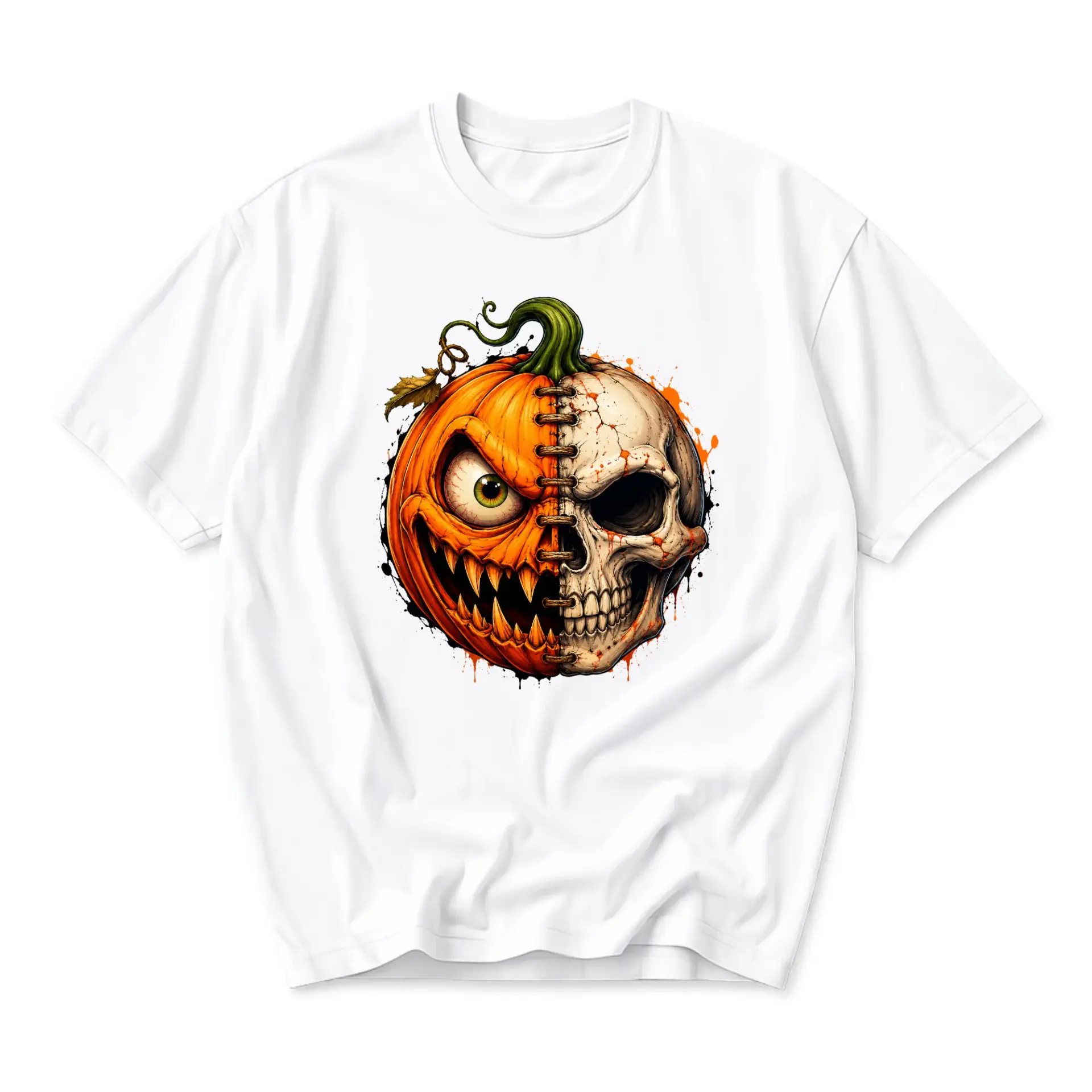 Graphic Tee Unisex Halloween Pumpkin Skull Split Face Print Short Sleeve Crew Neck Cotton Blend Casual Apparel