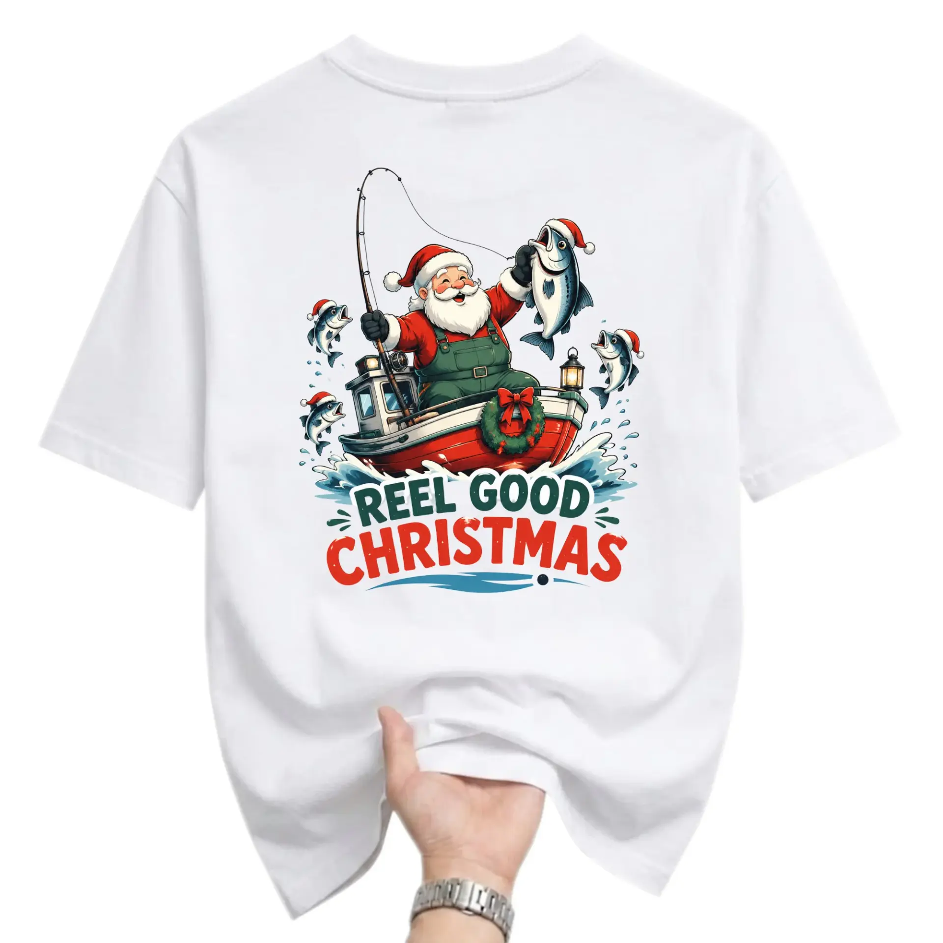 Graphic Tee Reel Good Christmas Fishing Santa Unisex Crew Neck Shirt