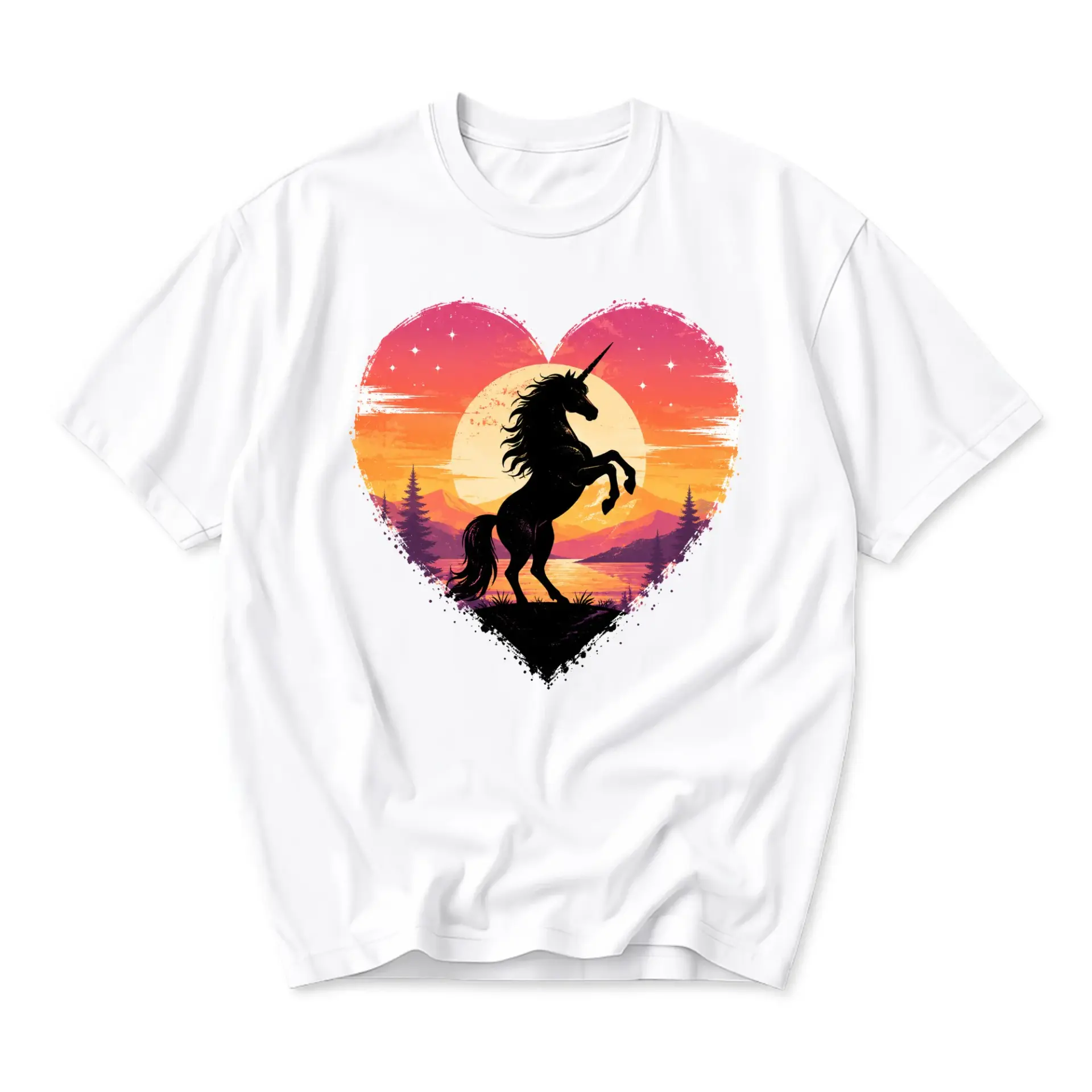 Graphic Tee Unisex Crew Neck T-Shirt Featuring Silhouette Unicorn in Heart Shaped Sunset Fantasy Illustration Design
