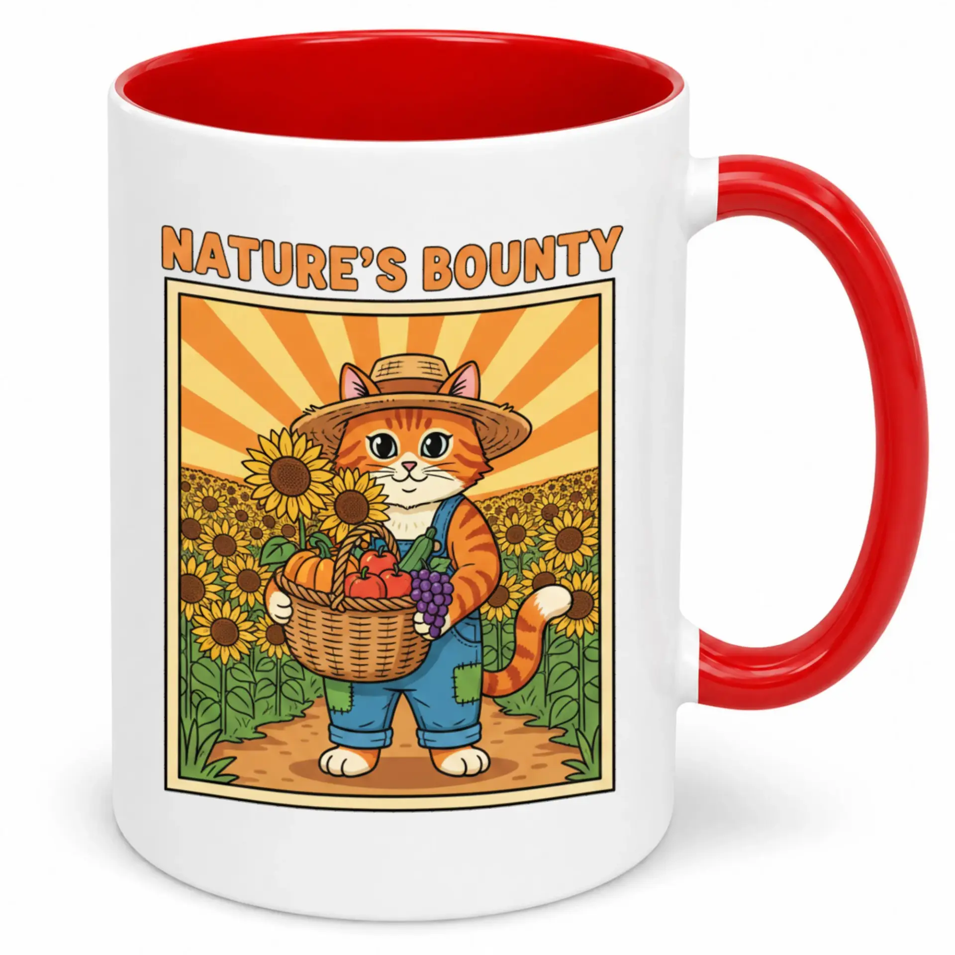 Cute Ceramic Coffee Mug Nature's Bounty Sunflowers Themed Drinkware Gardener Feline Kitchen Office Cup Gift Idea