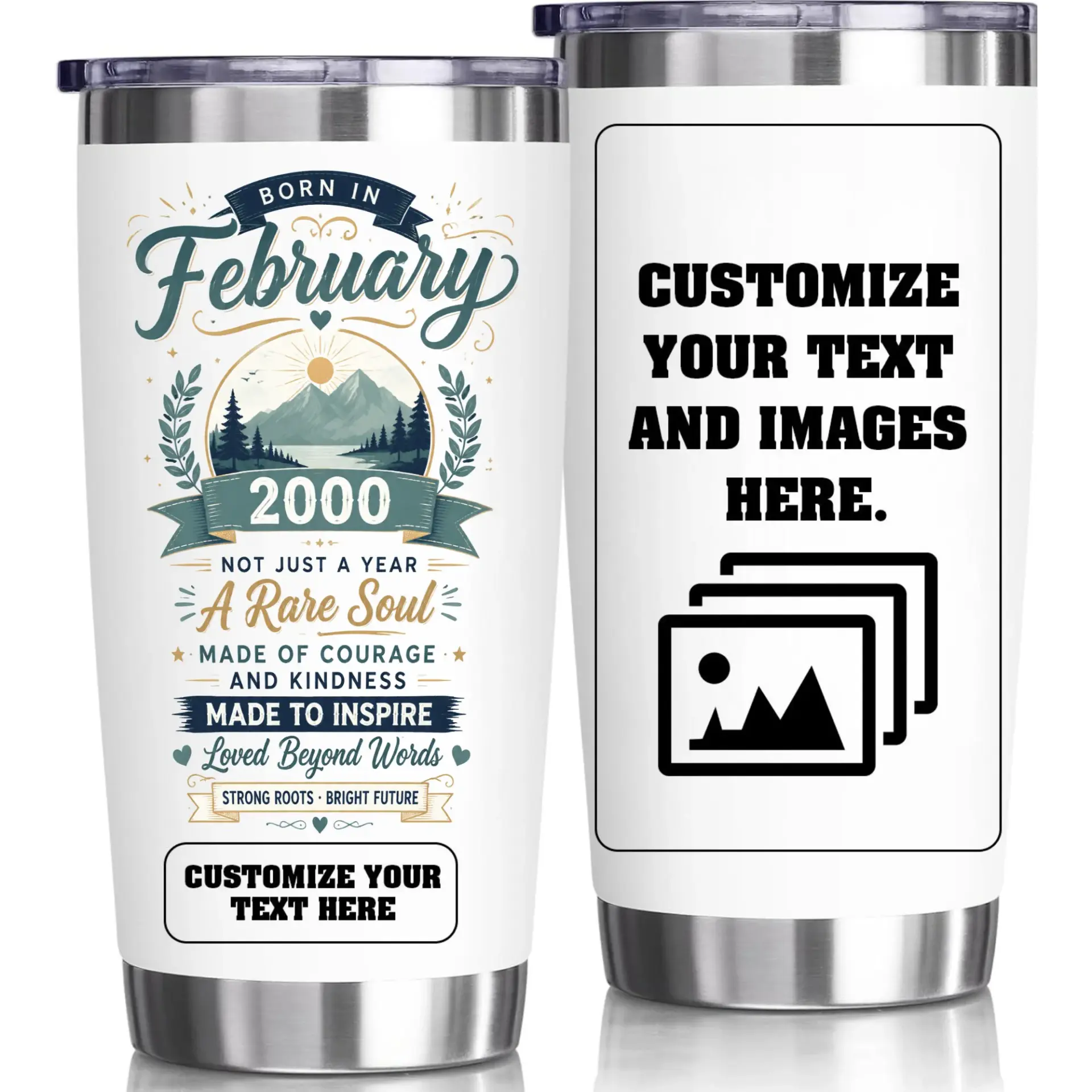 Stainless Steel Tumbler 20oz Vacuum Insulated Travel Mug Personalized Birthday Gift for February Born with Mountain Graphic