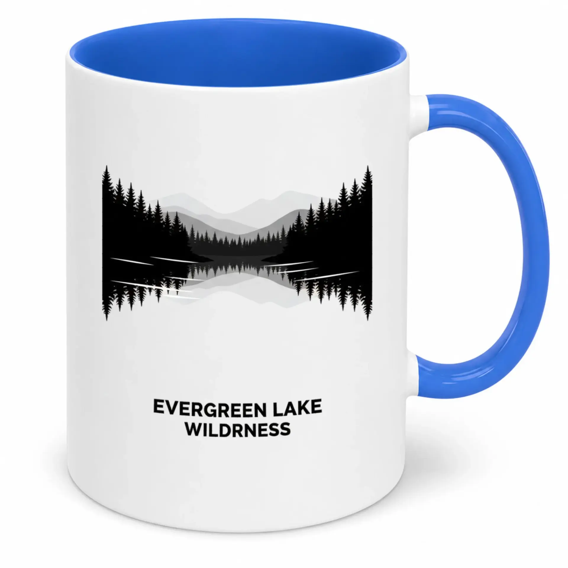 Evergreen Lake Wilderness Ceramic Coffee Mug with Nature Landscape Design, White and Blue Rustic Outdoorsy Drinkware for Home or Office