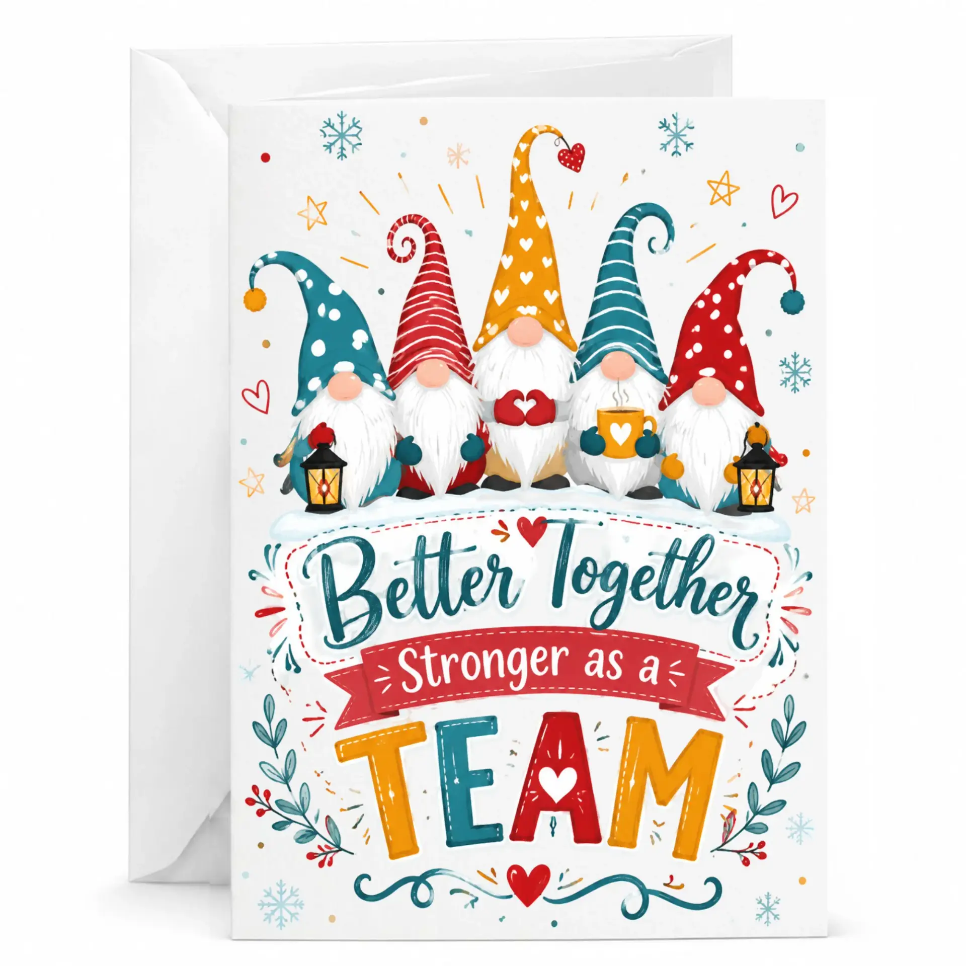 Greeting Card Better Together Stronger as a Team Featuring Festive Holiday Gnomes and Colorful Winter Themed Artwork