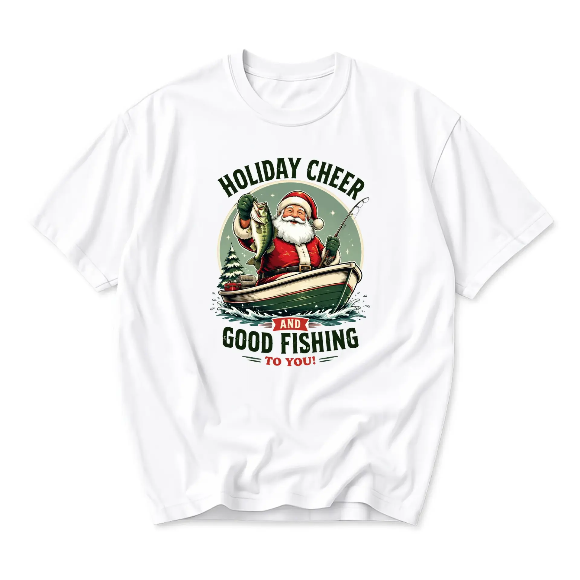 Funny Shirt Holiday Cheer and Good Fishing to You Unisex Graphic Printed T-Shirt for Casual Wear Christmas Season