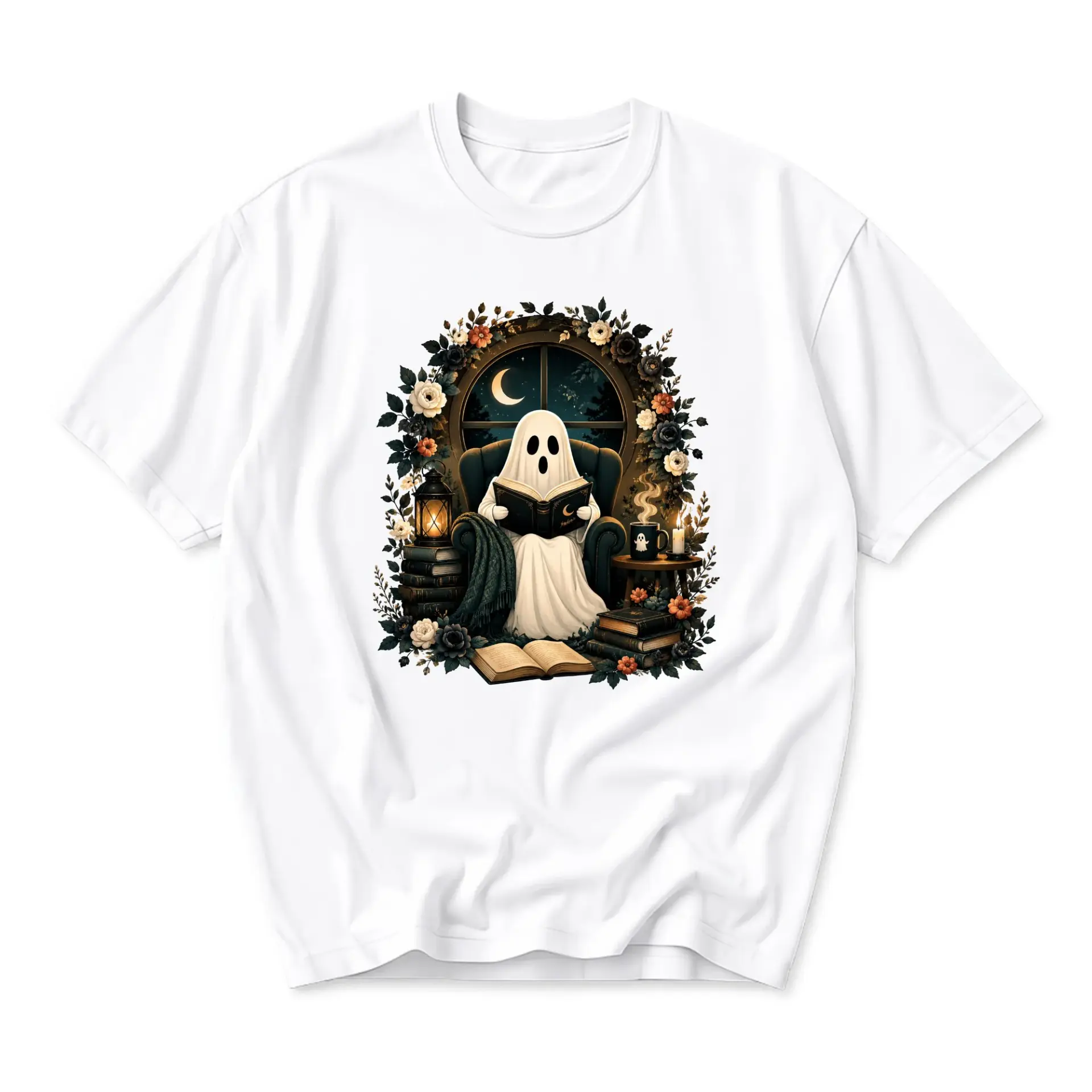 Graphic Tee Unisex Ghost Reading Book T-Shirt Cozy Floral Aesthetic Apparel Casual Soft Cotton Blend Short Sleeve Top