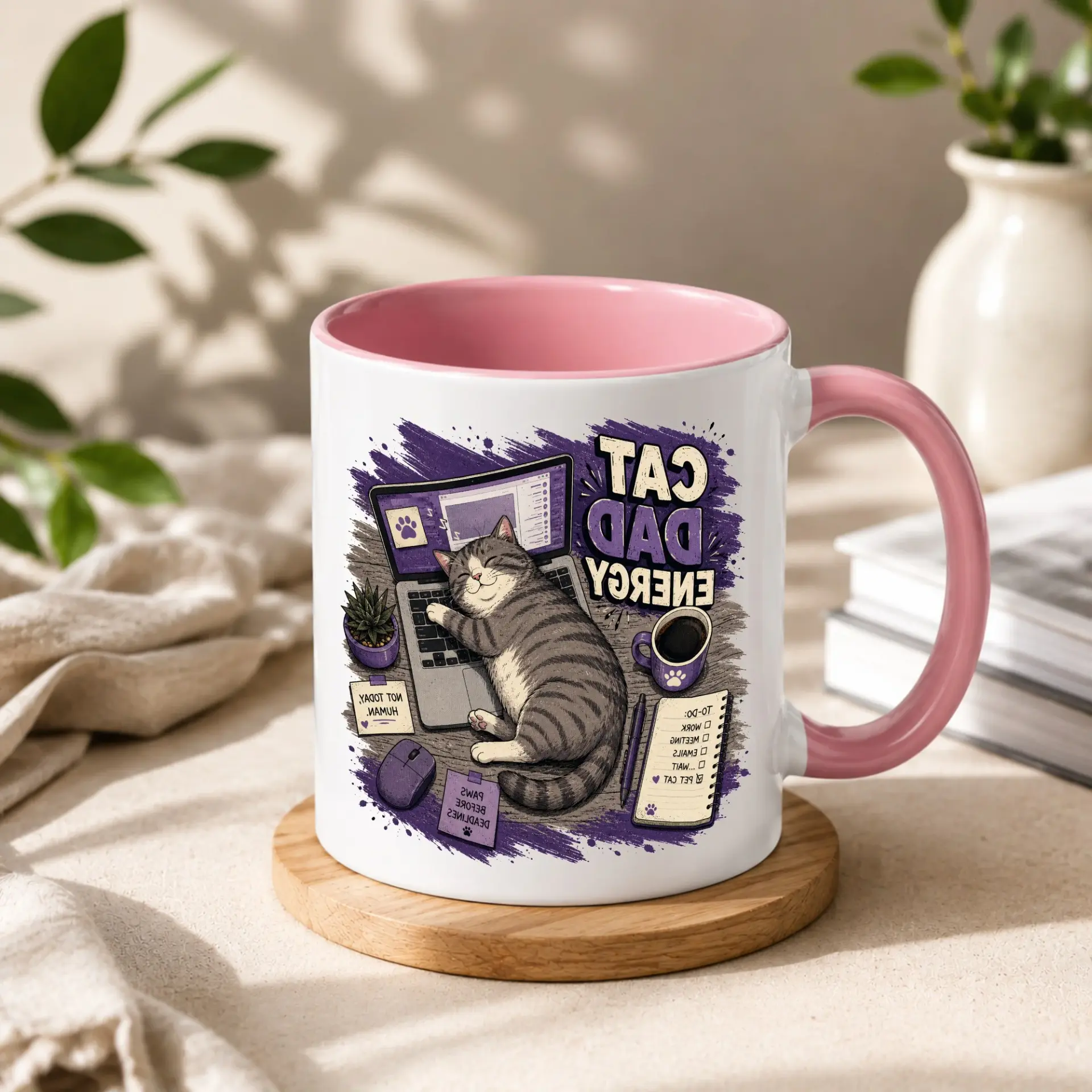 Cat Dad Energy Coffee Mug Funny Office Desk Ceramic Cup Featuring Sleeping Tabby and Work to Do List Design