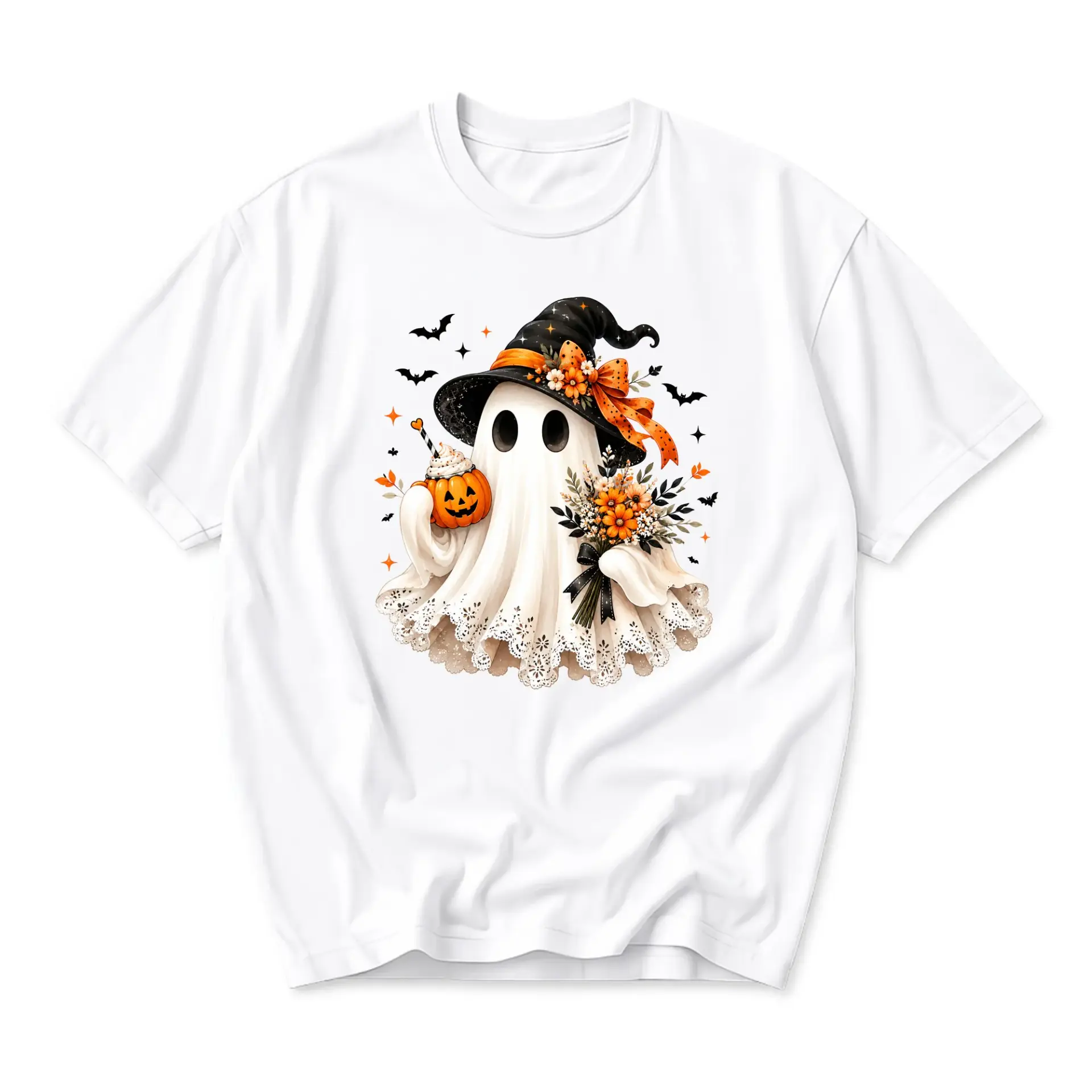 Graphic Tee Unisex Ghost Wearing Witch Hat with Pumpkin and Flower Bouquet Autumn Season Casual Short Sleeve Shirt