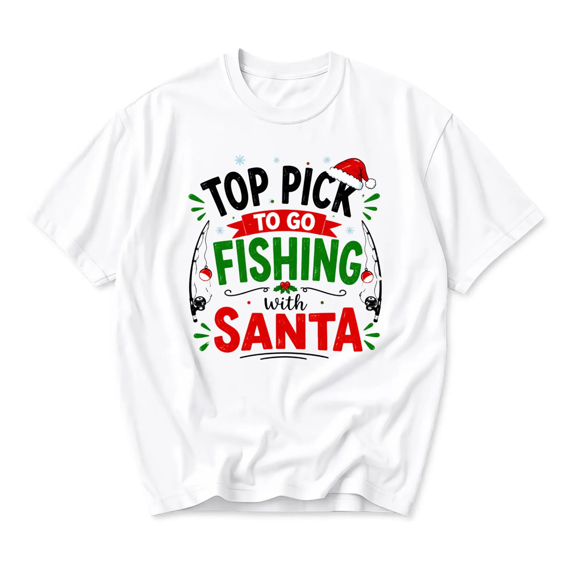 Funny Shirt Top Pick to Go Fishing with Santa Graphic Tee Unisex Casual Holiday Short Sleeve Crew Neck Cotton Blend
