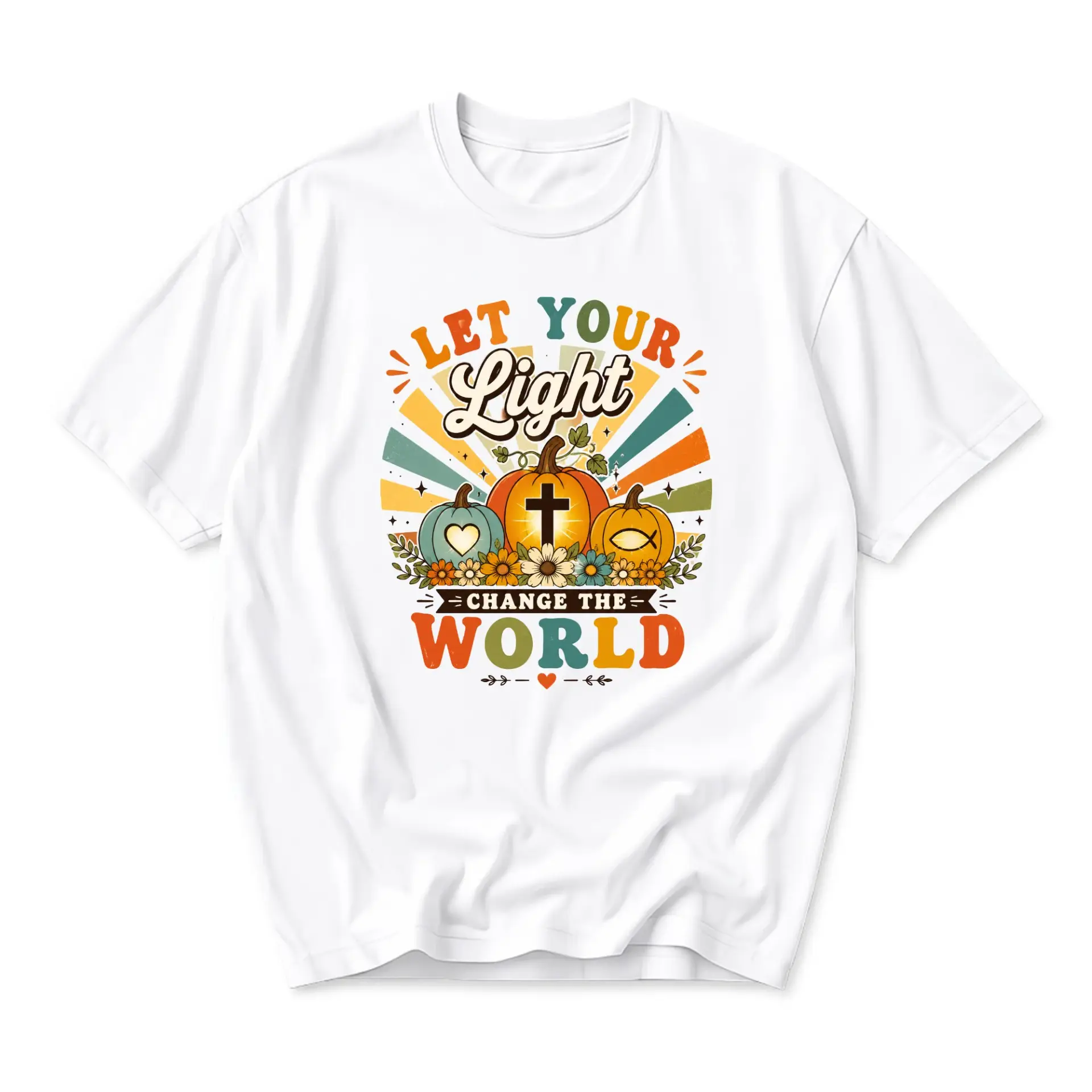 Graphic Tee Let Your Light Change the World Pumpkin Cross Faith Themed Unisex Crew Neck Casual Short Sleeve Shirt