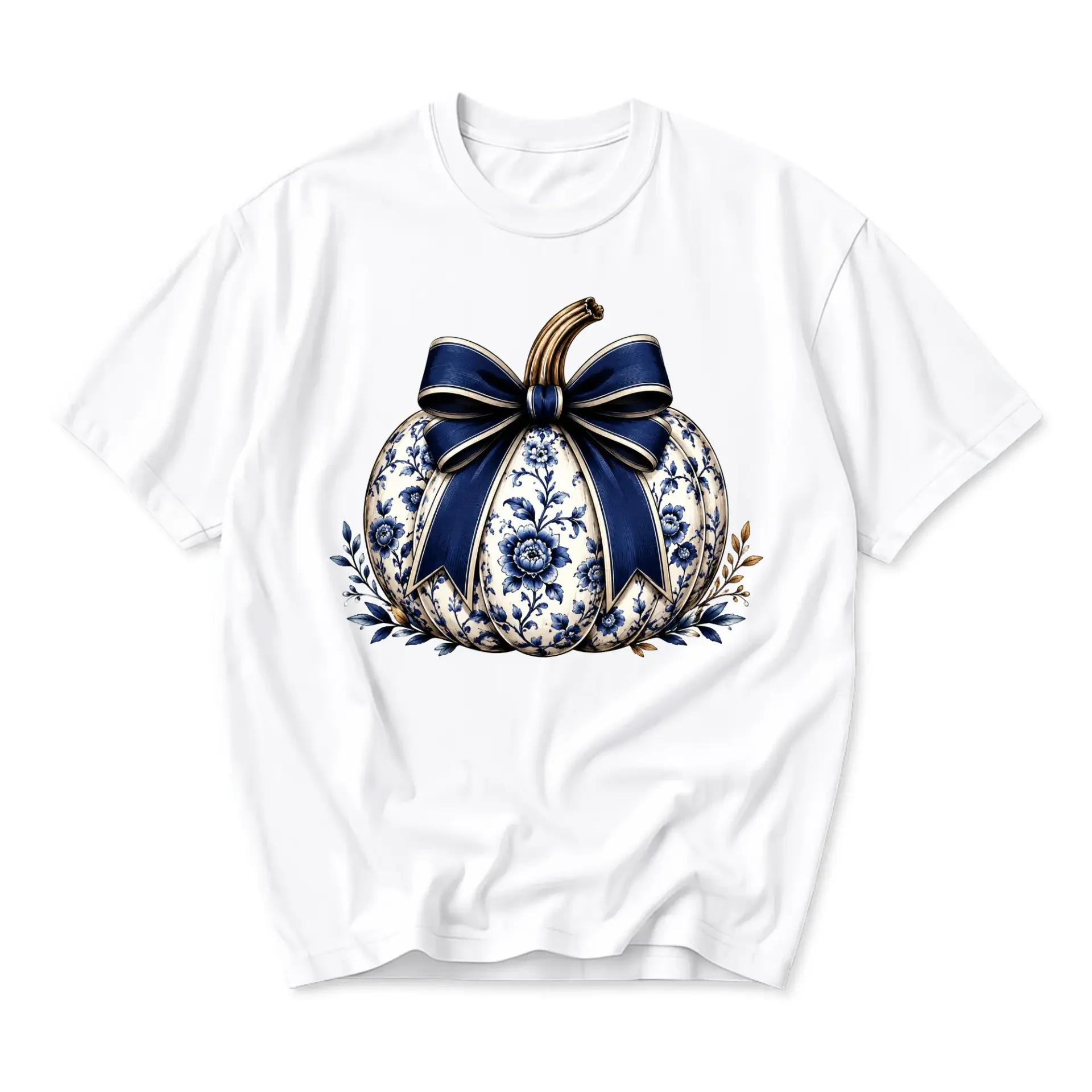Graphic Tee Blue Floral Pumpkin Print Unisex Crew Neck Casual Cotton Blend Short Sleeve Shirt for Everyday Style
