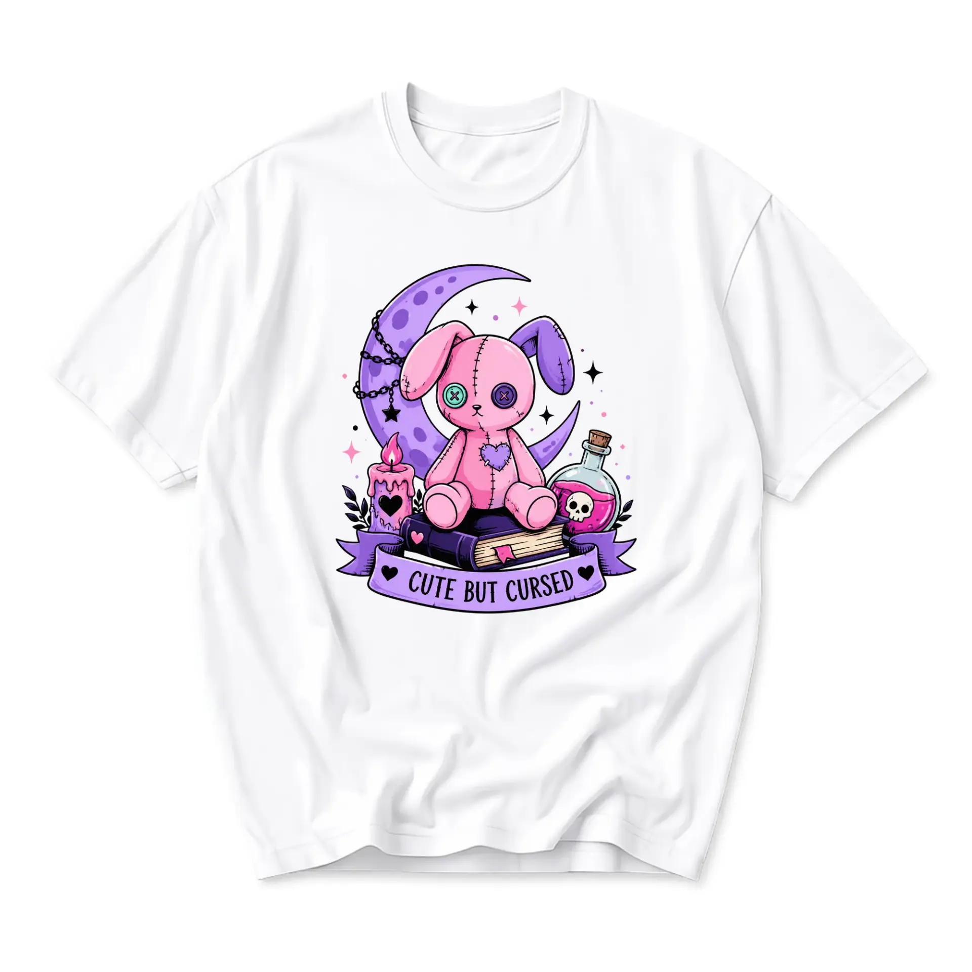 Graphic Tee Cute but Cursed Aesthetic Rabbit Moon Illustration Unisex Crew Neck Short Sleeve Cotton Casual Shirt