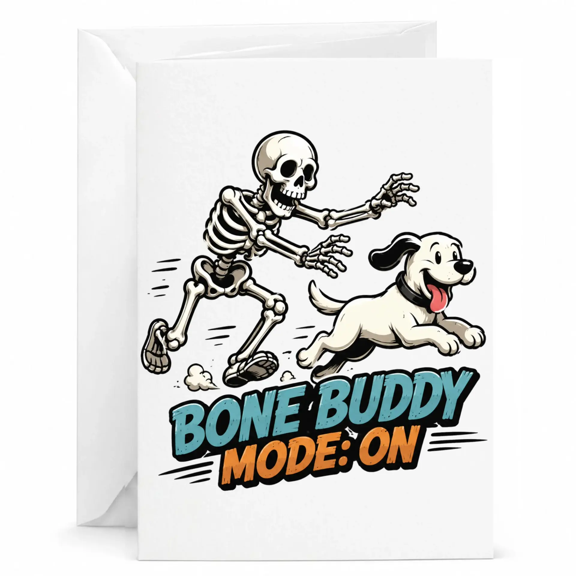 Funny on Greeting Card Whimsical Skeleton and Happy Dog Cartoon Illustration Printed Stationery