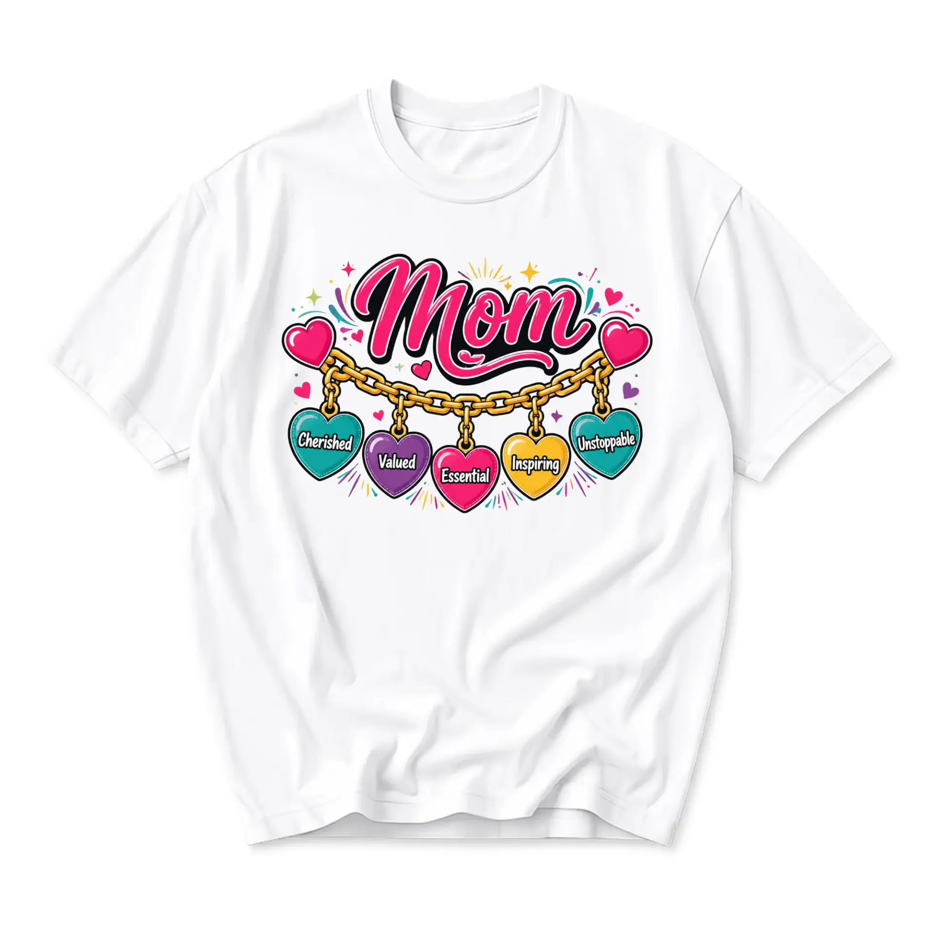 Graphic Tee Mom Heart Charm Chain Print Unisex Crew Neck T-Shirt Soft Breathable Casual Everyday Apparel White Shirt