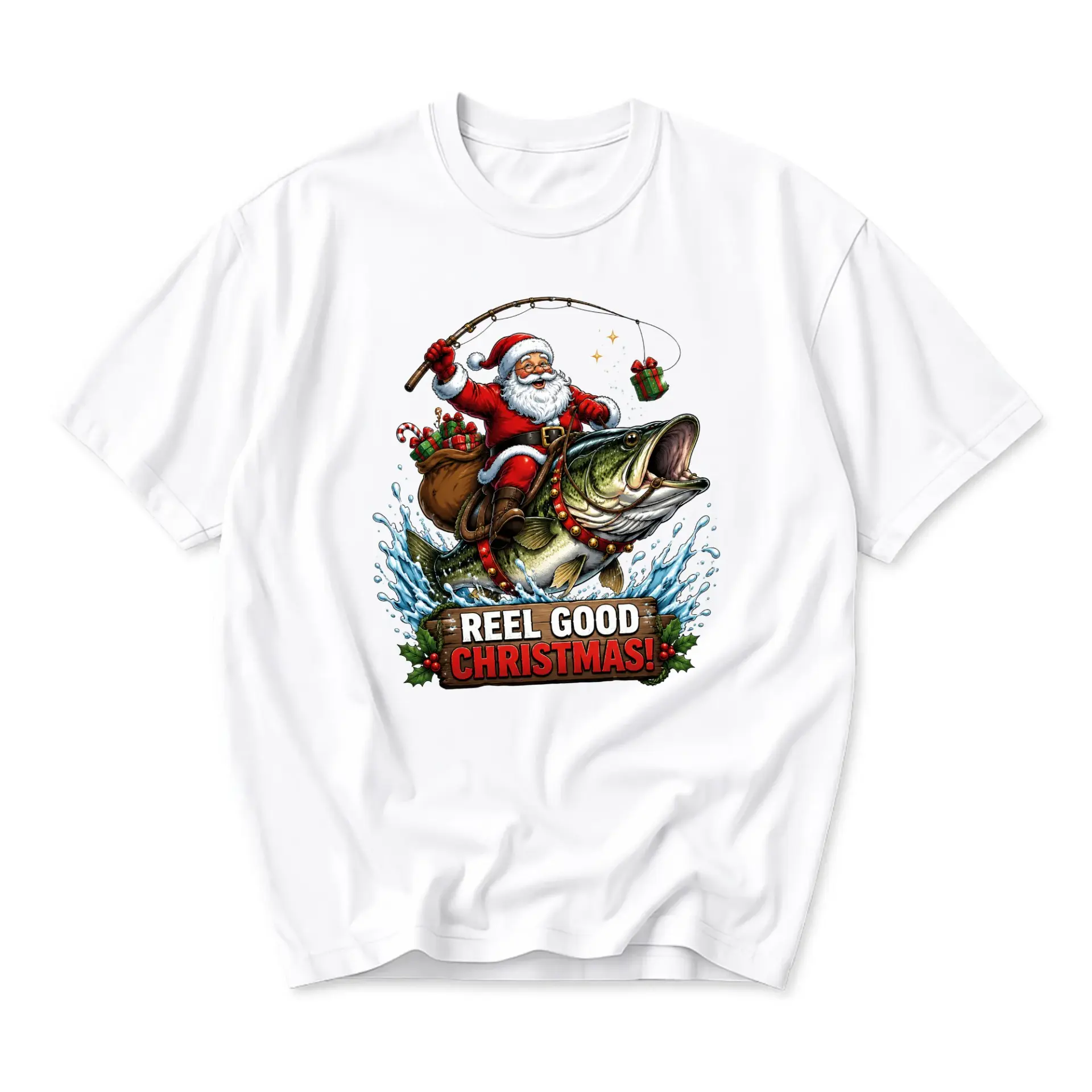 Graphic Tee Reel Good Christmas Fishing Santa Claus Shirt Holiday Unisex