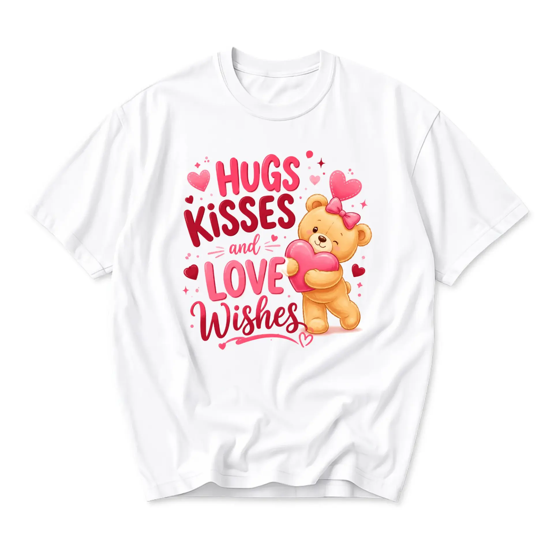 Graphic Tee Hugs Kisses and Love Wishes Teddy Bear Print Short Sleeve Unisex Crew Neck Casual Everyday Shirt White