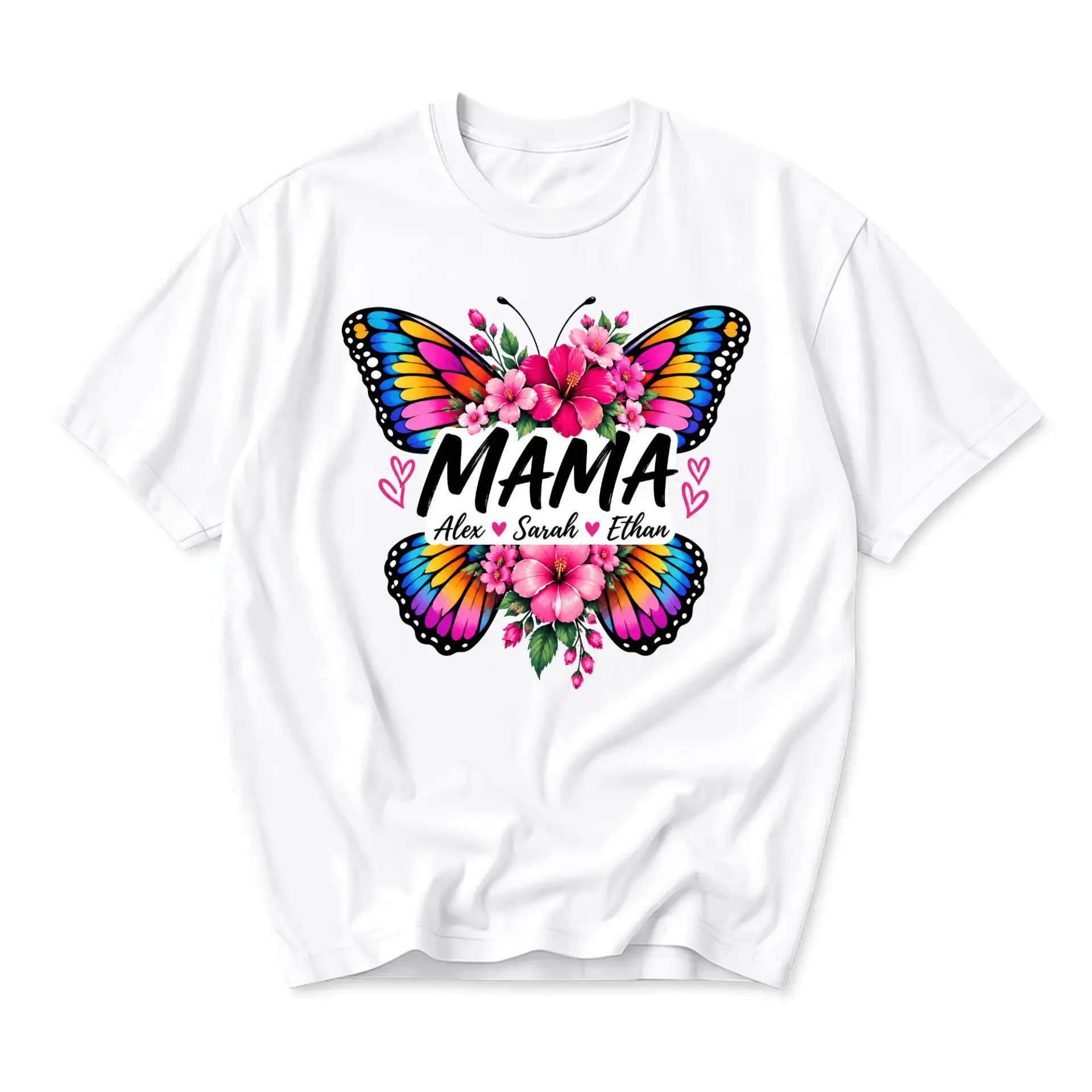 T-shirt Mama Butterfly Floral Graphic Tee Personalized Name Design Soft Preshrunk Cotton Everyday Casual Crew Neck