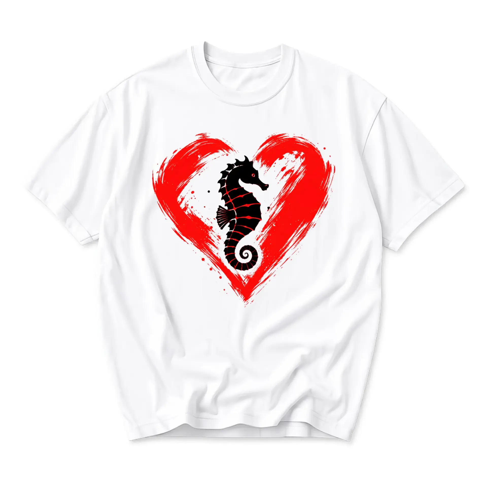Graphic Tee Seahorse Heart Art Unisex Short Sleeve Crew Neck Casual Cotton Blend Apparel for Everyday Wear and Style