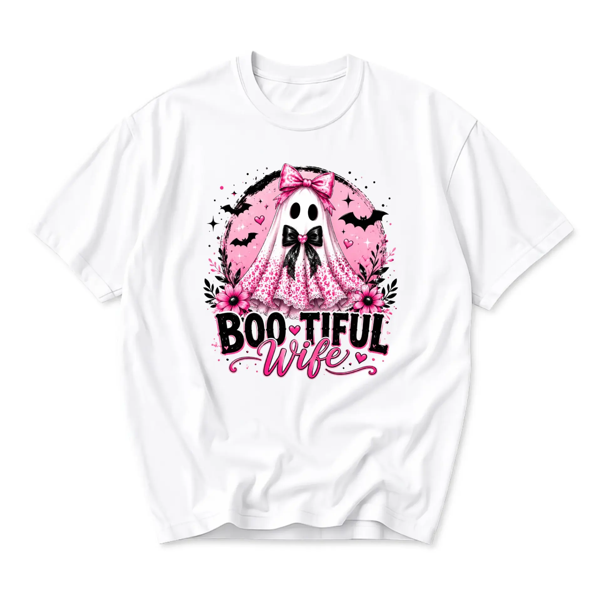 Funny Shirt Boo-Tiful Wife Graphic Tee Cute Ghost Halloween Seasonal Casual Apparel for Everyday Comfort Wear White