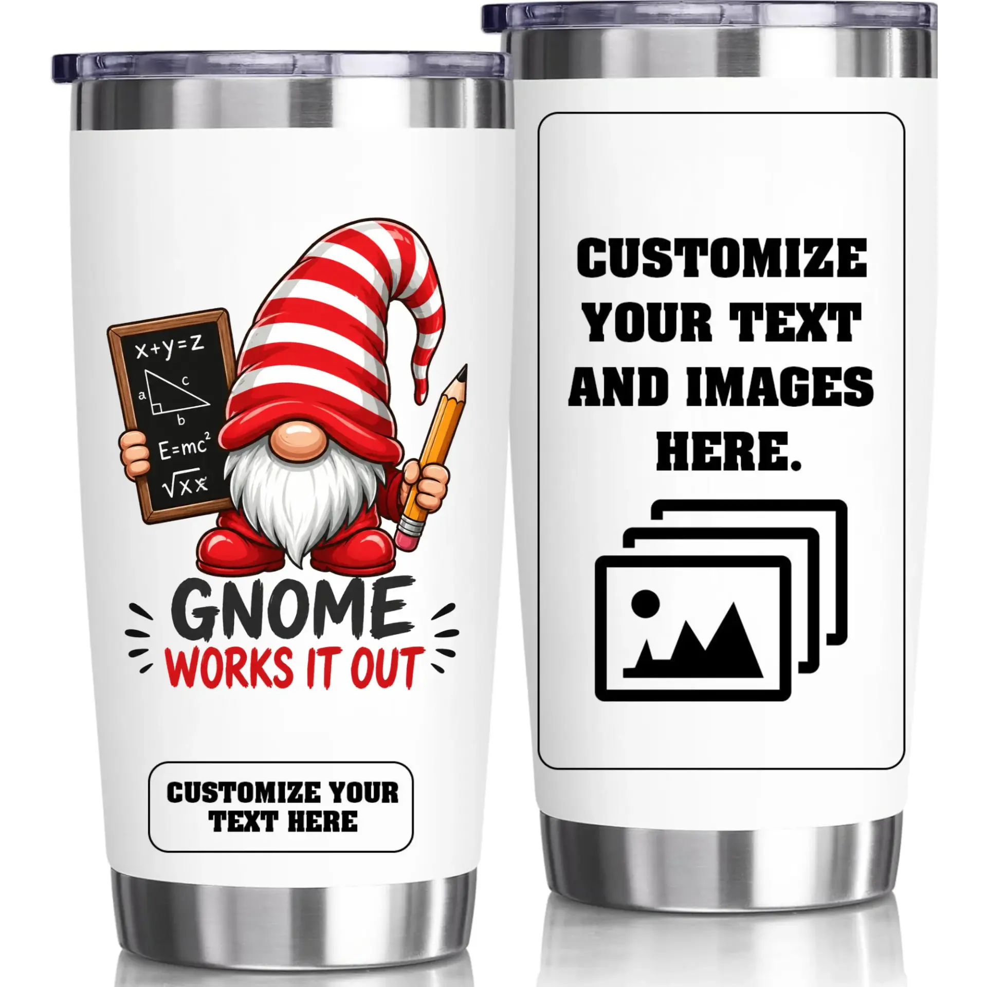 Stainless Steel Tumbler with Gnome Math Theme 20oz Insulated Cup for Hot and Cold Beverages Travel Coffee Mug Personalized