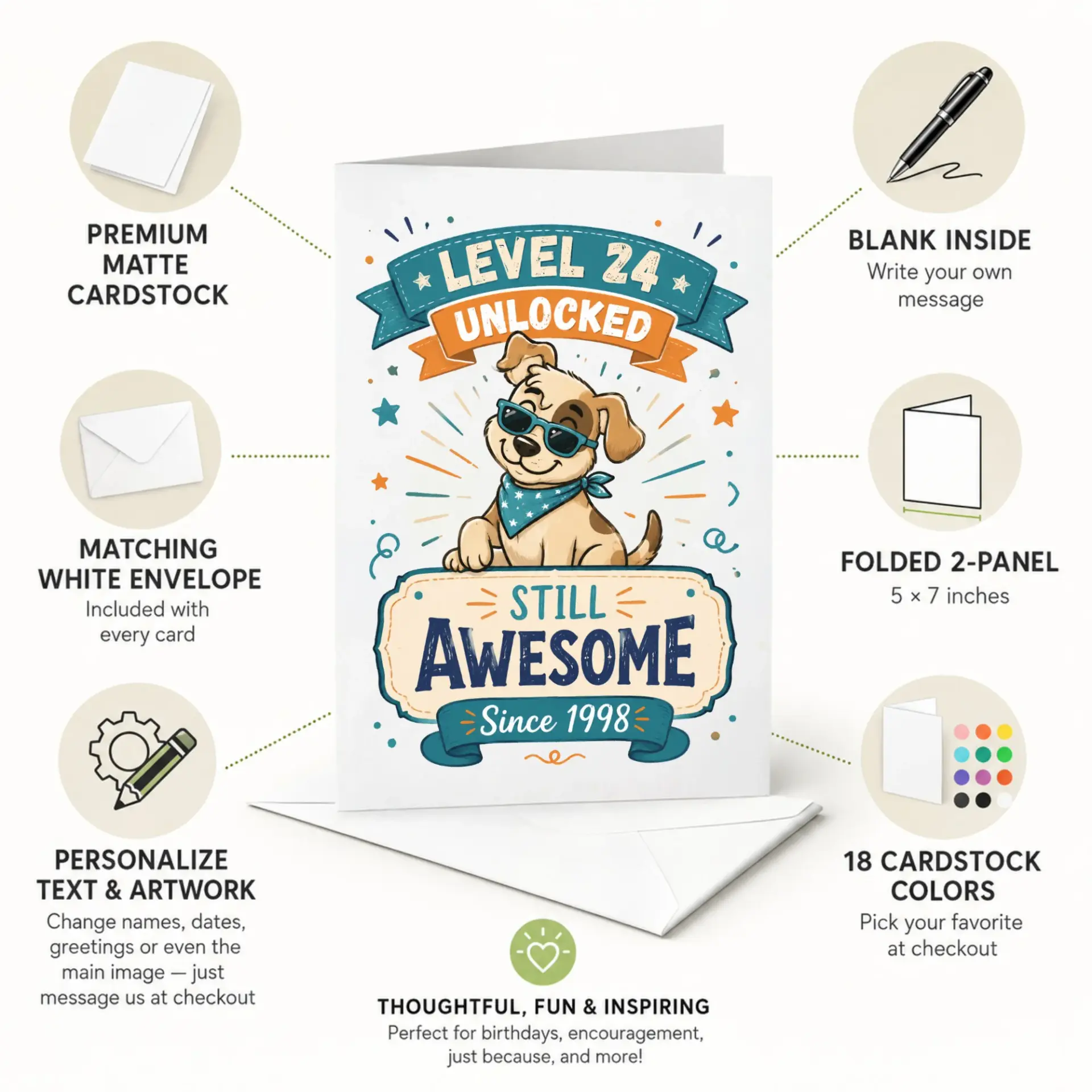 Birthday Card Level 24 Unlocked Funny Puppy Design for 24th Birthday Celebration Greeting Card with White Envelope