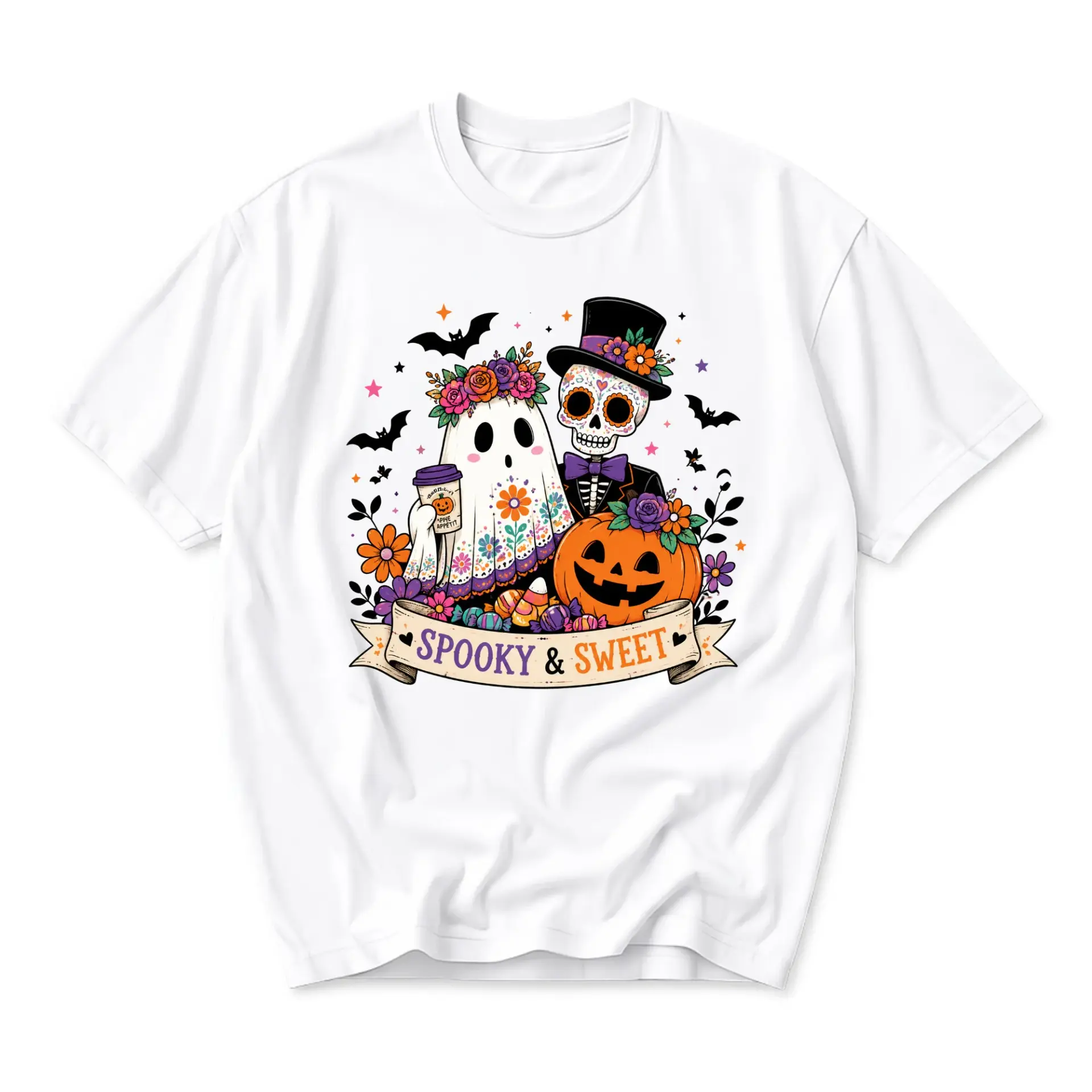 Graphic Tee Spooky and Sweet Halloween Ghost and Skull Art Unisex Crew Neck Casual Cotton Blend Short Sleeve Shirt