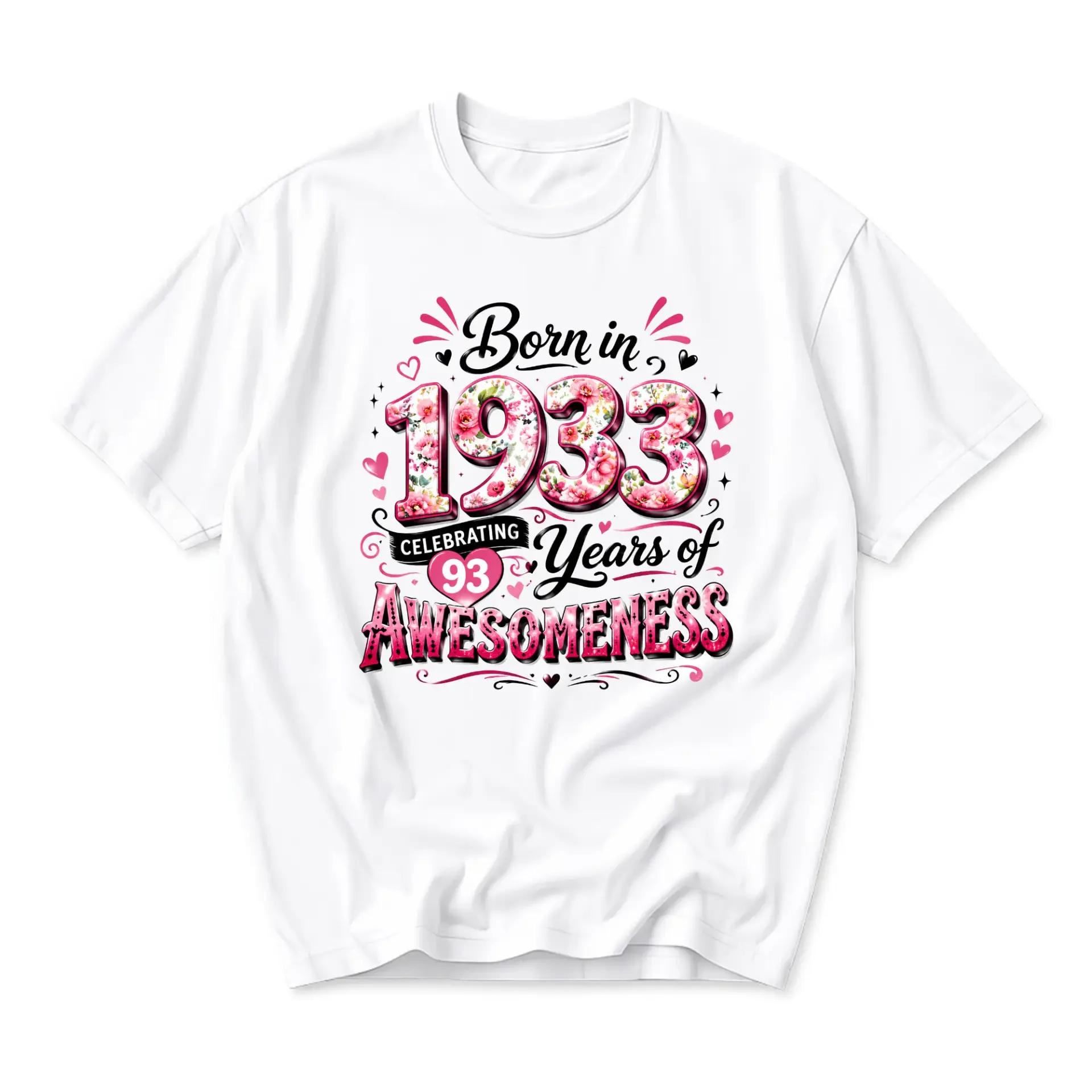 Funny Shirt Born in 1933 Celebrating 93 Years of Awesomeness Graphic Tee Floral Birthday Unisex Casual Crew Neck T-Shirt