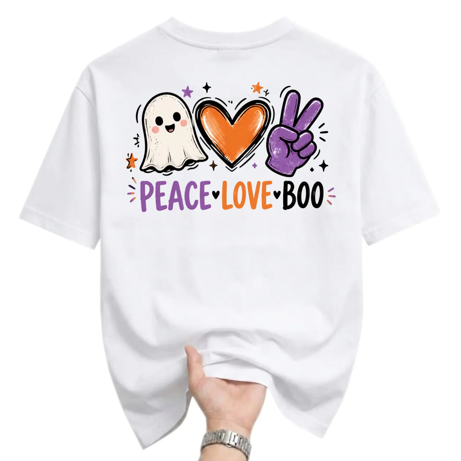 Graphic Tee Peace Love Boo Fall Seasonal Apparel Unisex Crew Neck Short Sleeve Shirt for Casual Daily Wear
