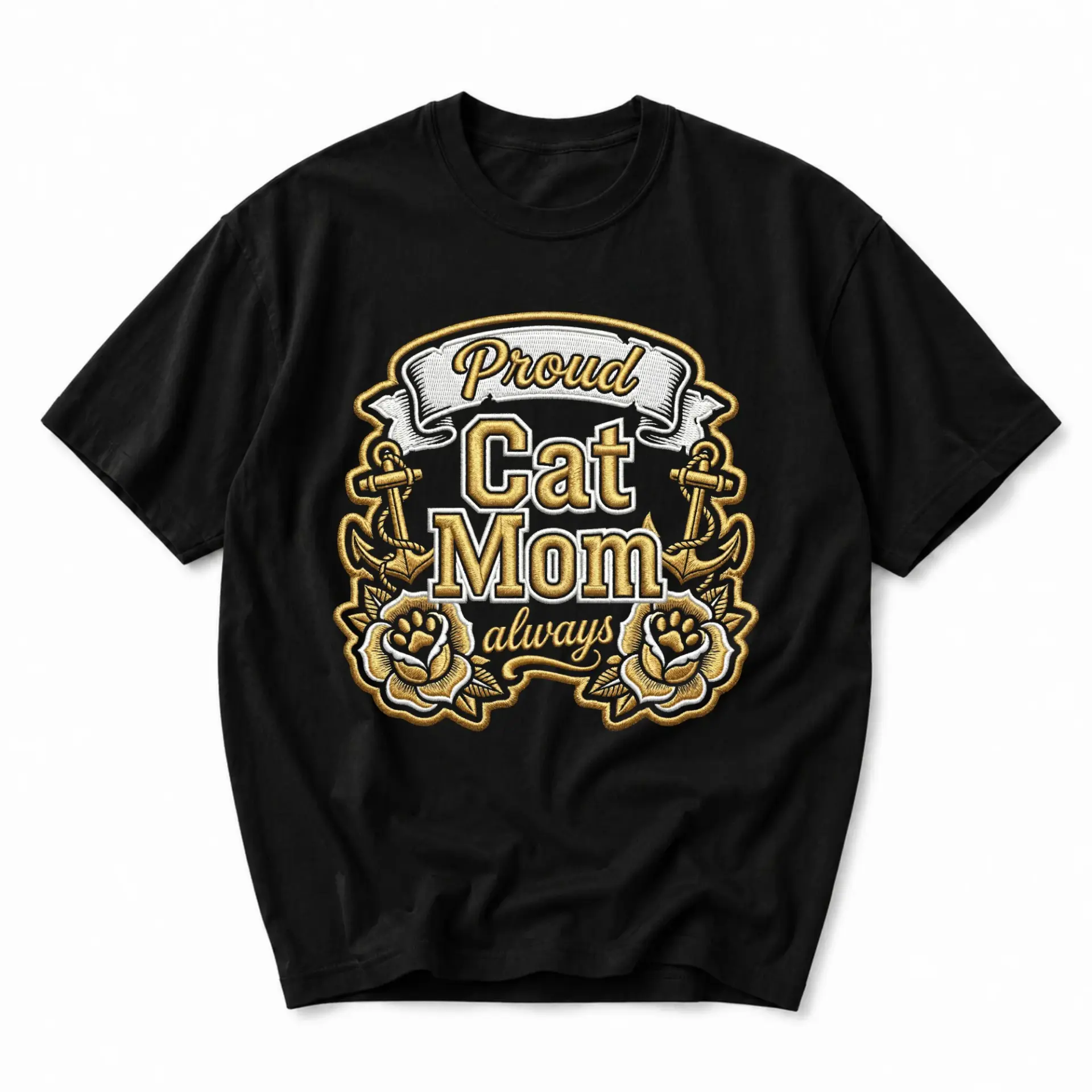 T-shirt Proud Cat Mom Always Graphic Tee Nautical Floral Design Unisex Crew Neck Everyday Casual Apparel Black