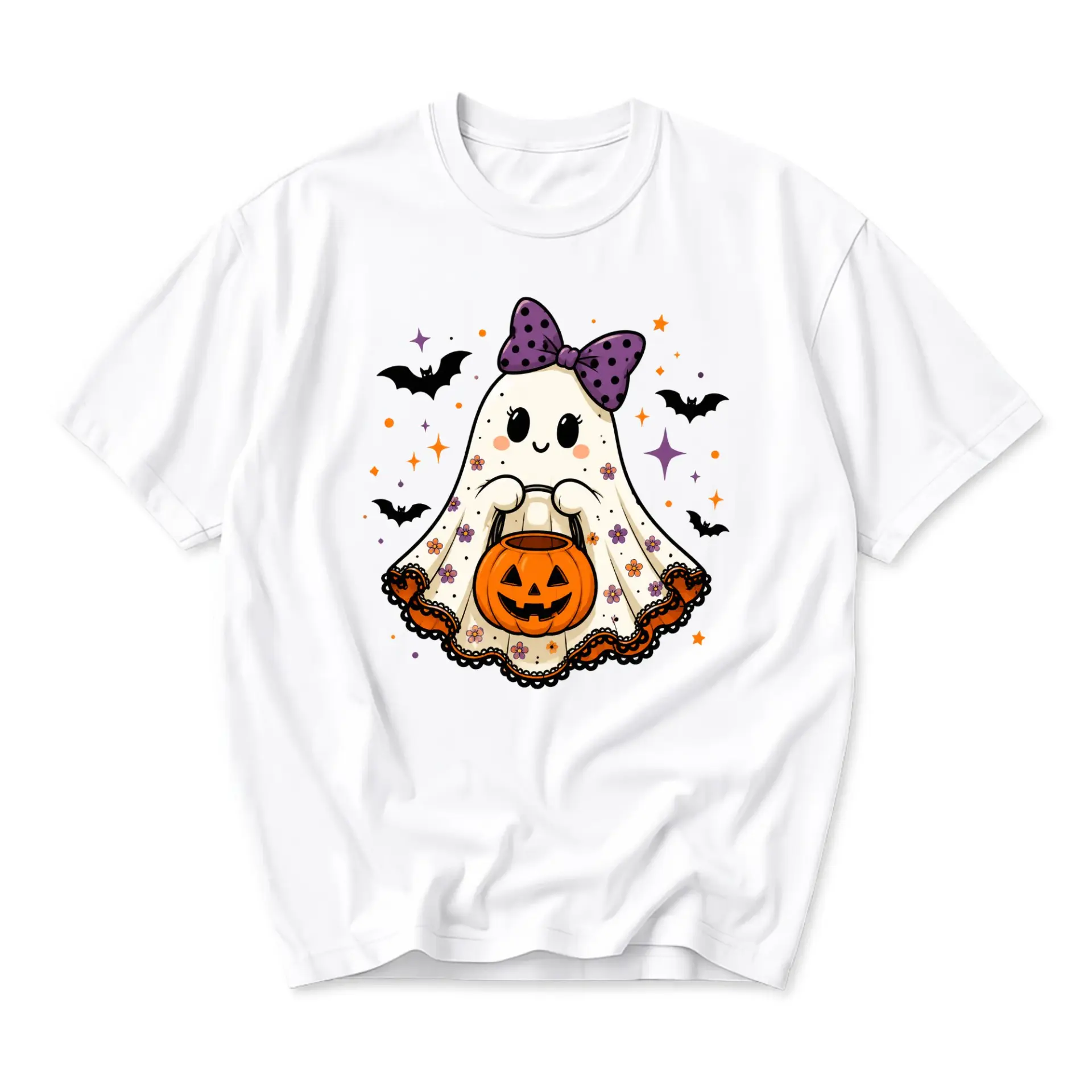 Graphic Tee Cute Ghost Wearing a Polka Dot Bow Holding a Pumpkin Bucket for Fall Halloween Casual Outfit Unisex