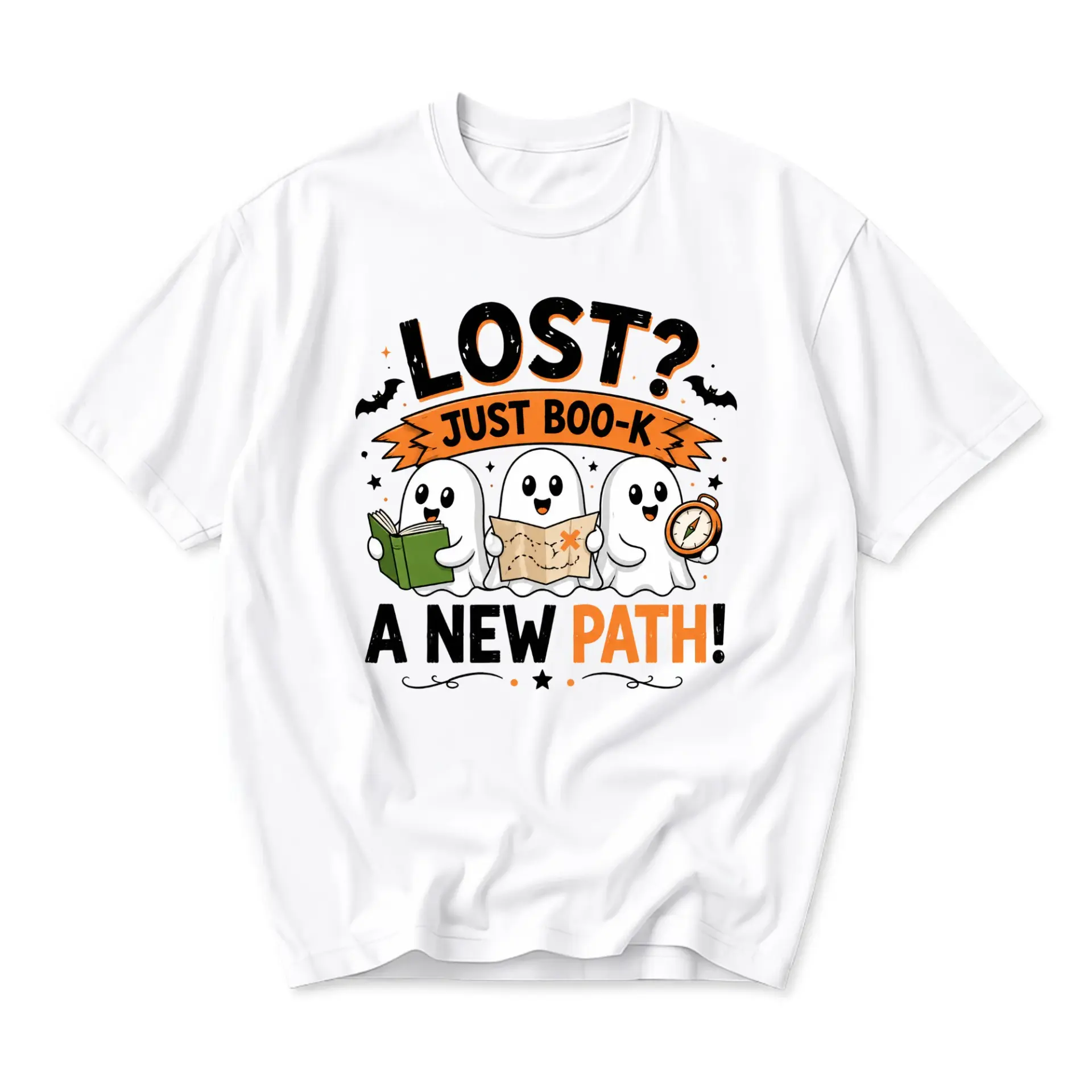 Funny Shirt Lost Just Boo-K a New Path Graphic Tee Cute Ghost Reading Map Compass Design Casual Unisex Crew Neck