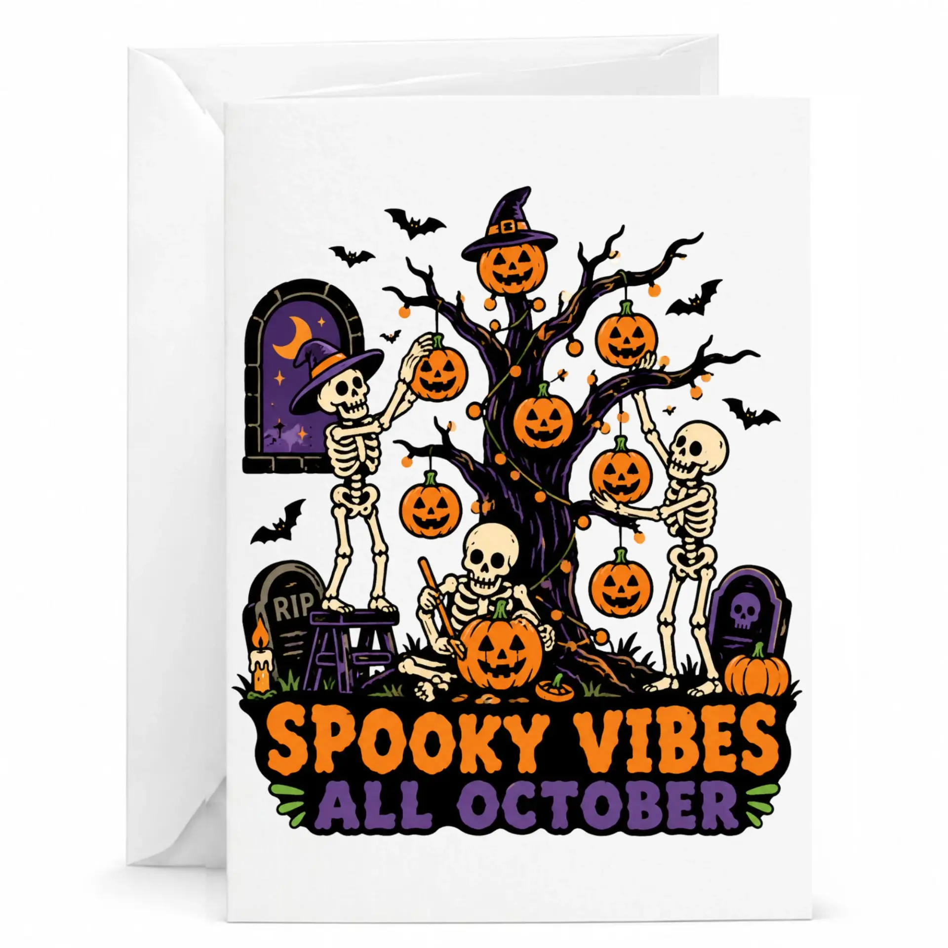 Greeting Card Spooky Vibes All October Skeleton Pumpkin Halloween Decor Illustration Printed Greeting Card with Envelope