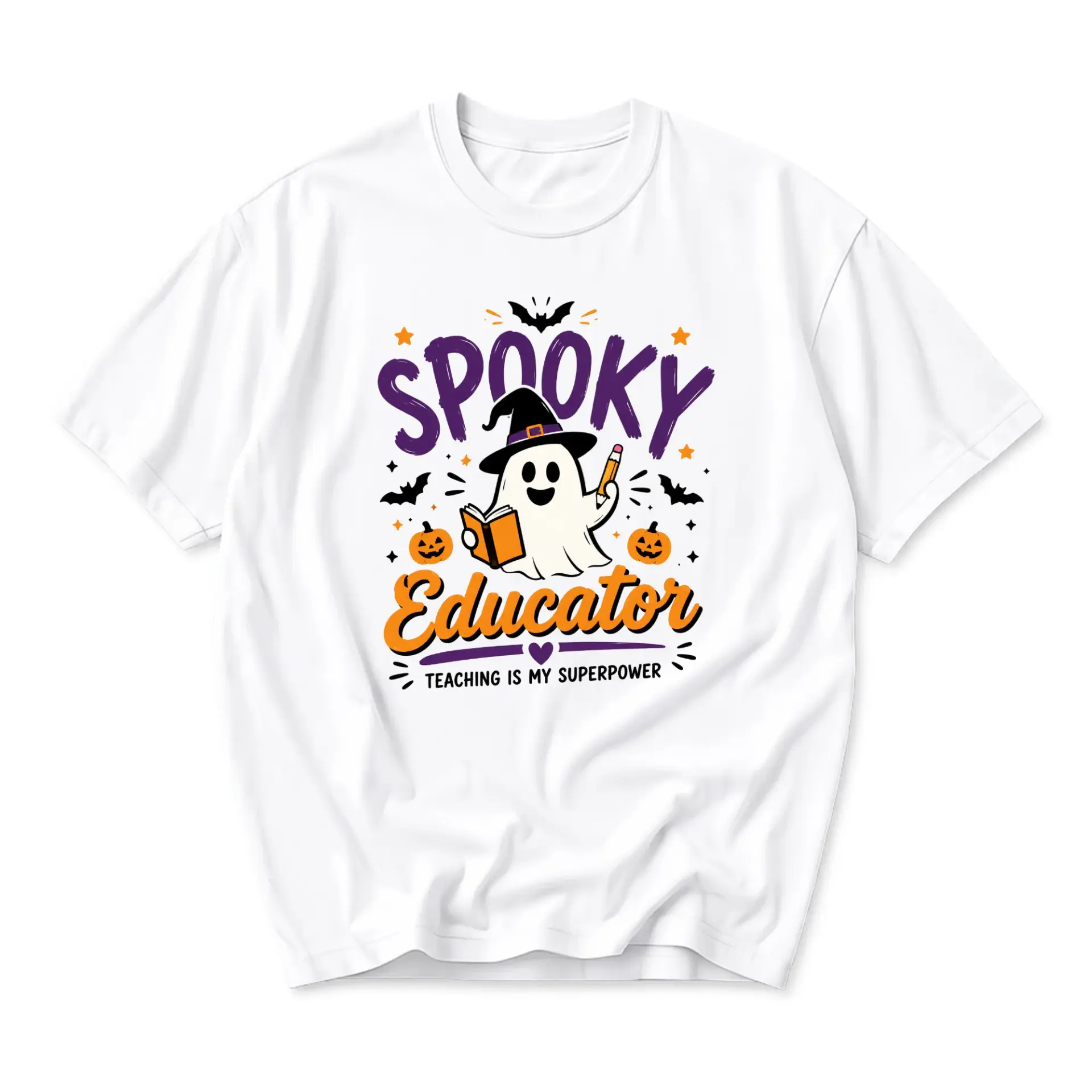 Graphic Tee Spooky Educator Ghost Design Unisex Casual Cotton Crew Neck Shirt for Teachers and Education Professionals