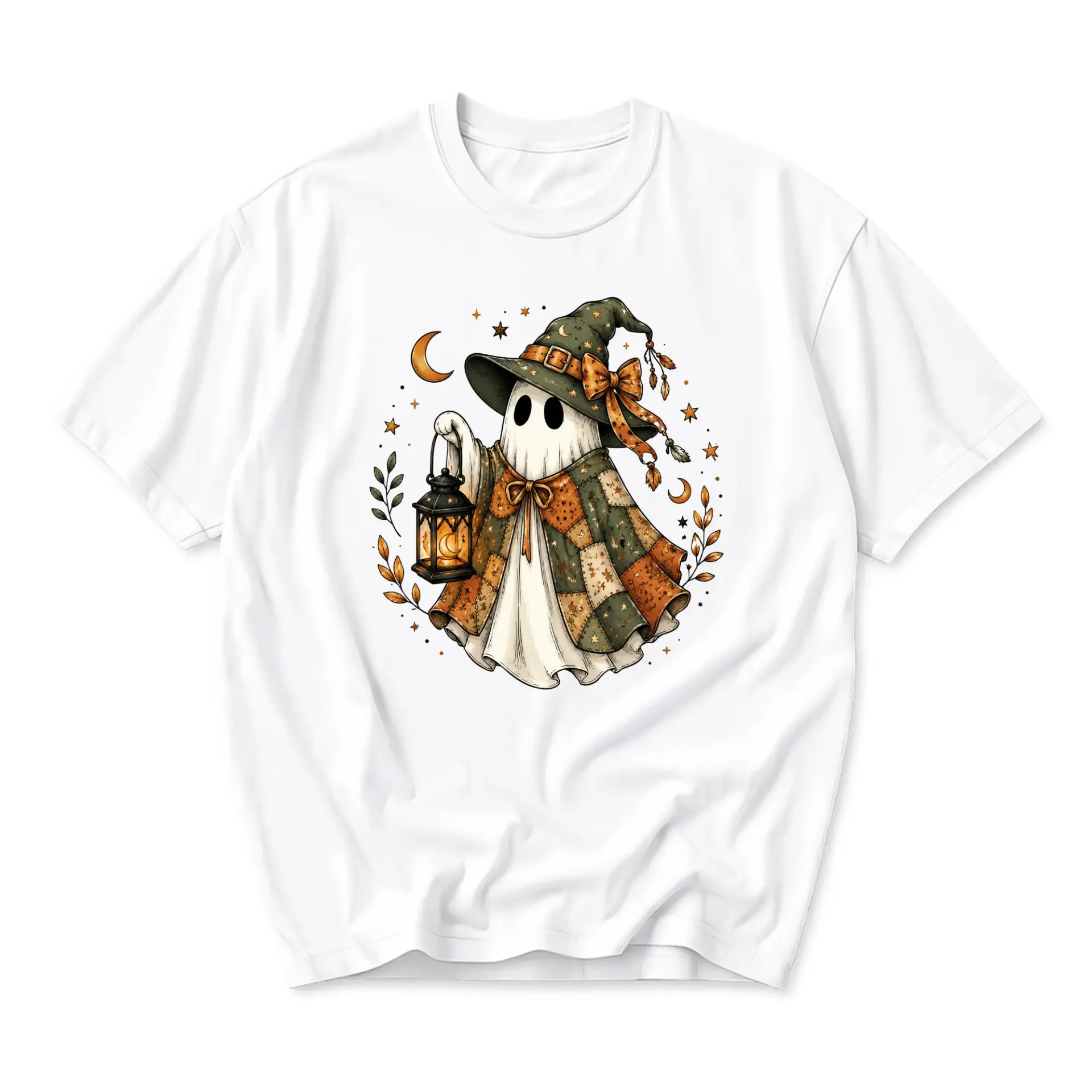 Graphic Tee Ghost Wearing a Witch Hat and Patchwork Cloak Holding a Lantern Whimsical Seasonal Unisex Casual Shirt