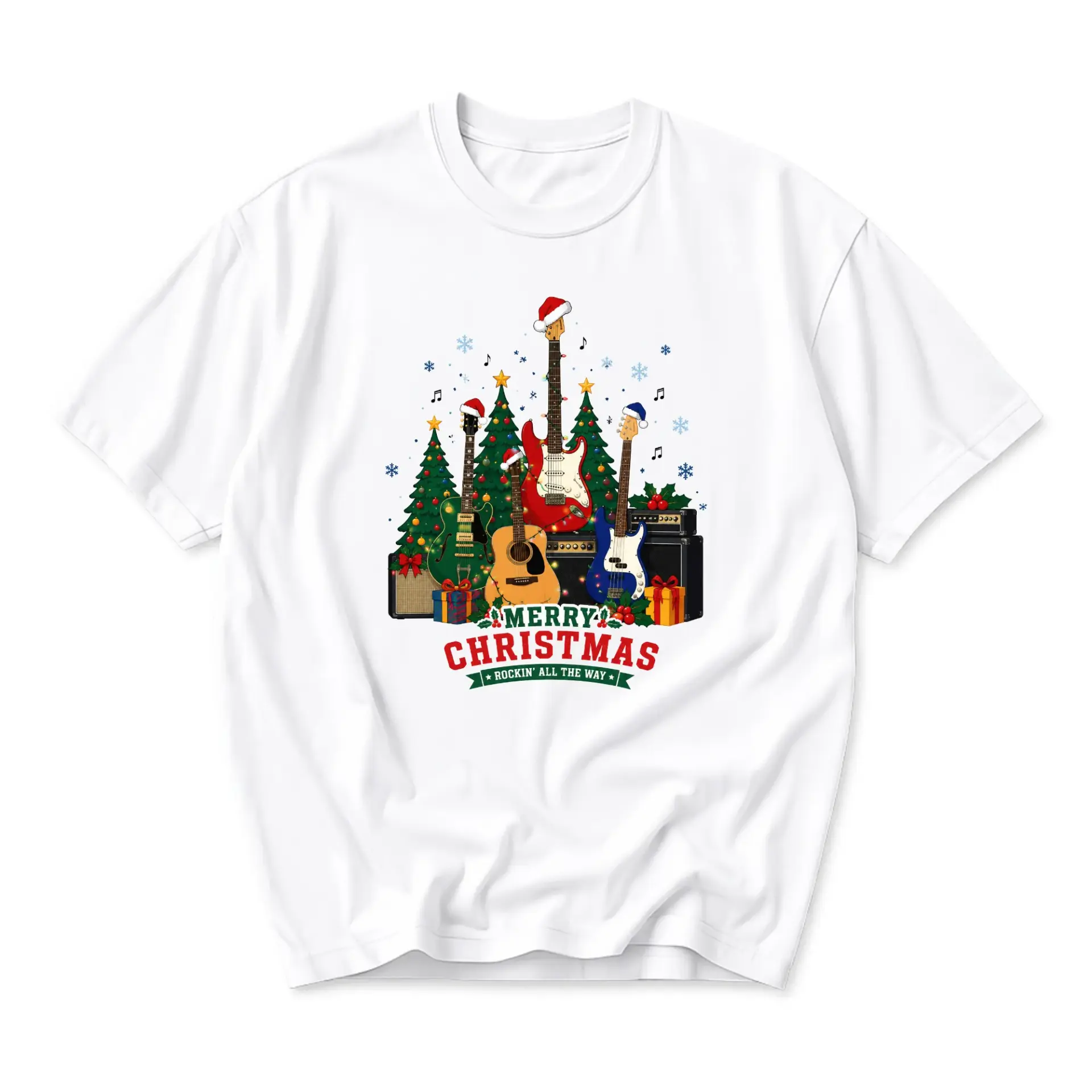 Graphic Tee Merry Christmas All the Way Guitar Festive Unisex Short Sleeve Crew Neck Cotton Casual Holiday Shirt