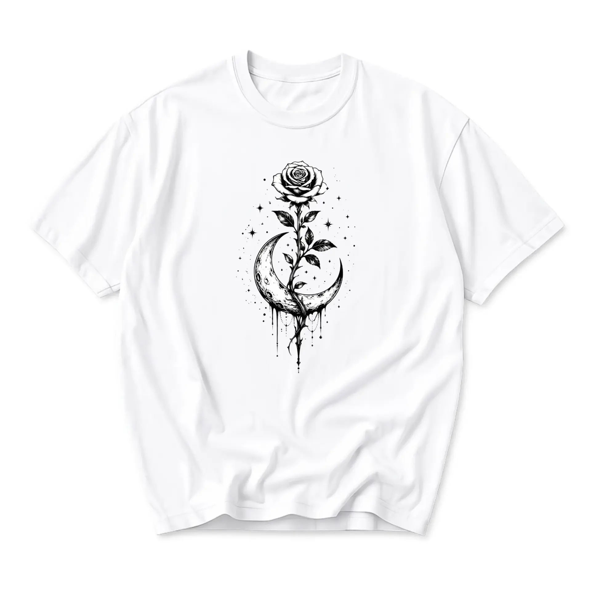 Graphic Tee Unisex Celestial Rose Moon Design Short Sleeve Casual Crew Neck Apparel Artistic Botanical Shirt White