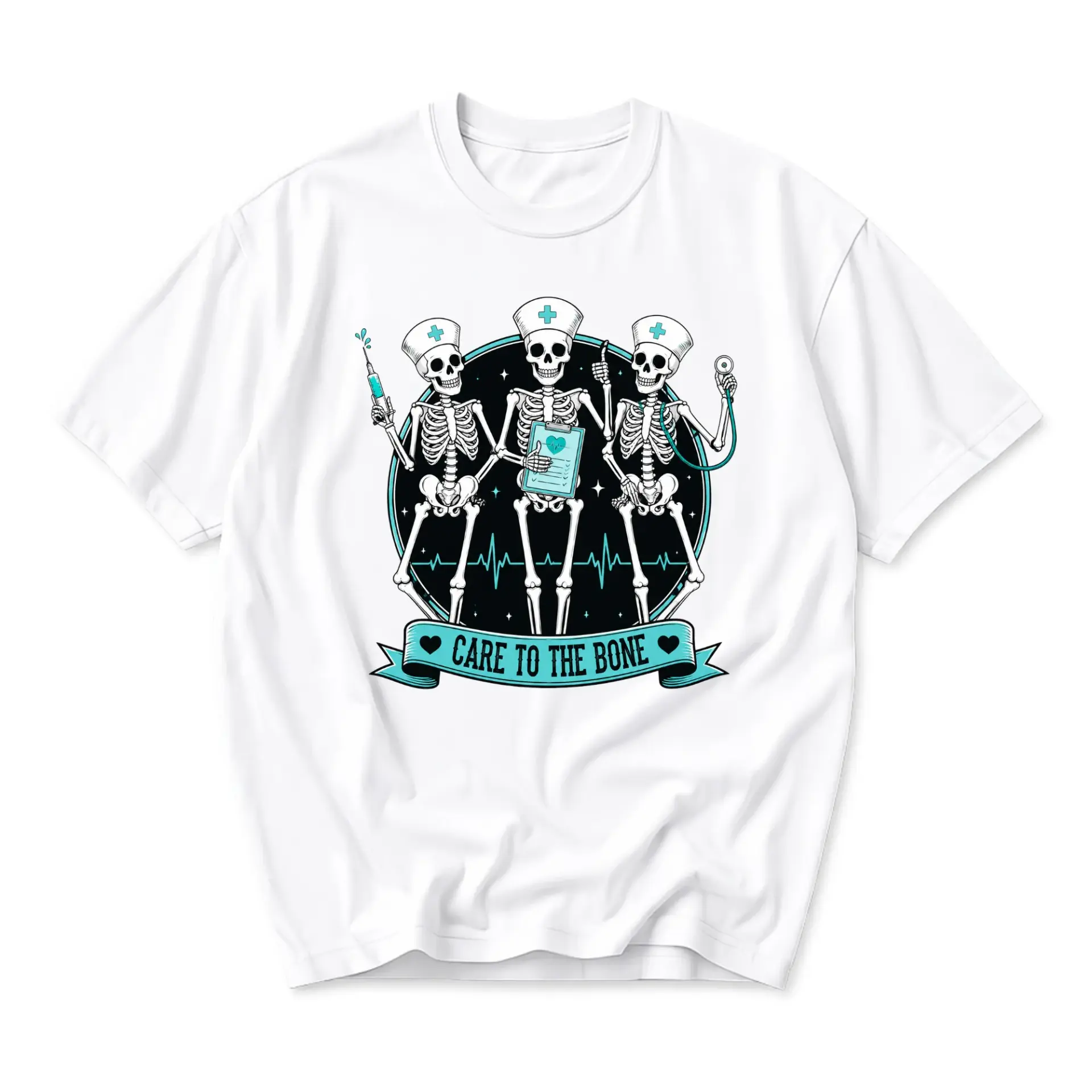 Graphic Tee Care to the Bone Skeleton Nurse Funny Shirt Unisex Crew Neck Casual Everyday Wear Soft Cotton Apparel