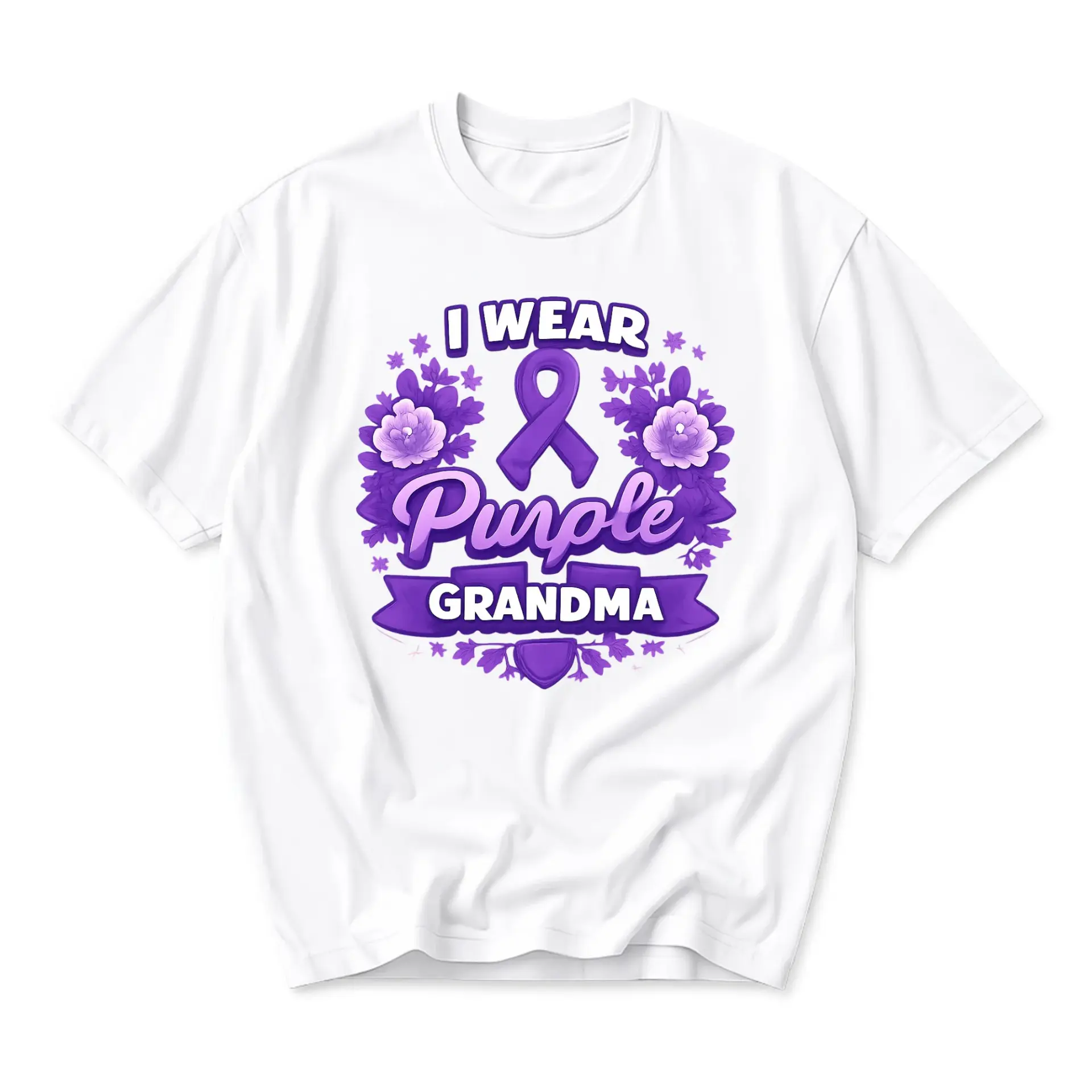 Graphic Tee I Wear Purple for Grandma Awareness Ribbon Floral Design Casual Unisex Crew Neck Short Sleeve Shirt