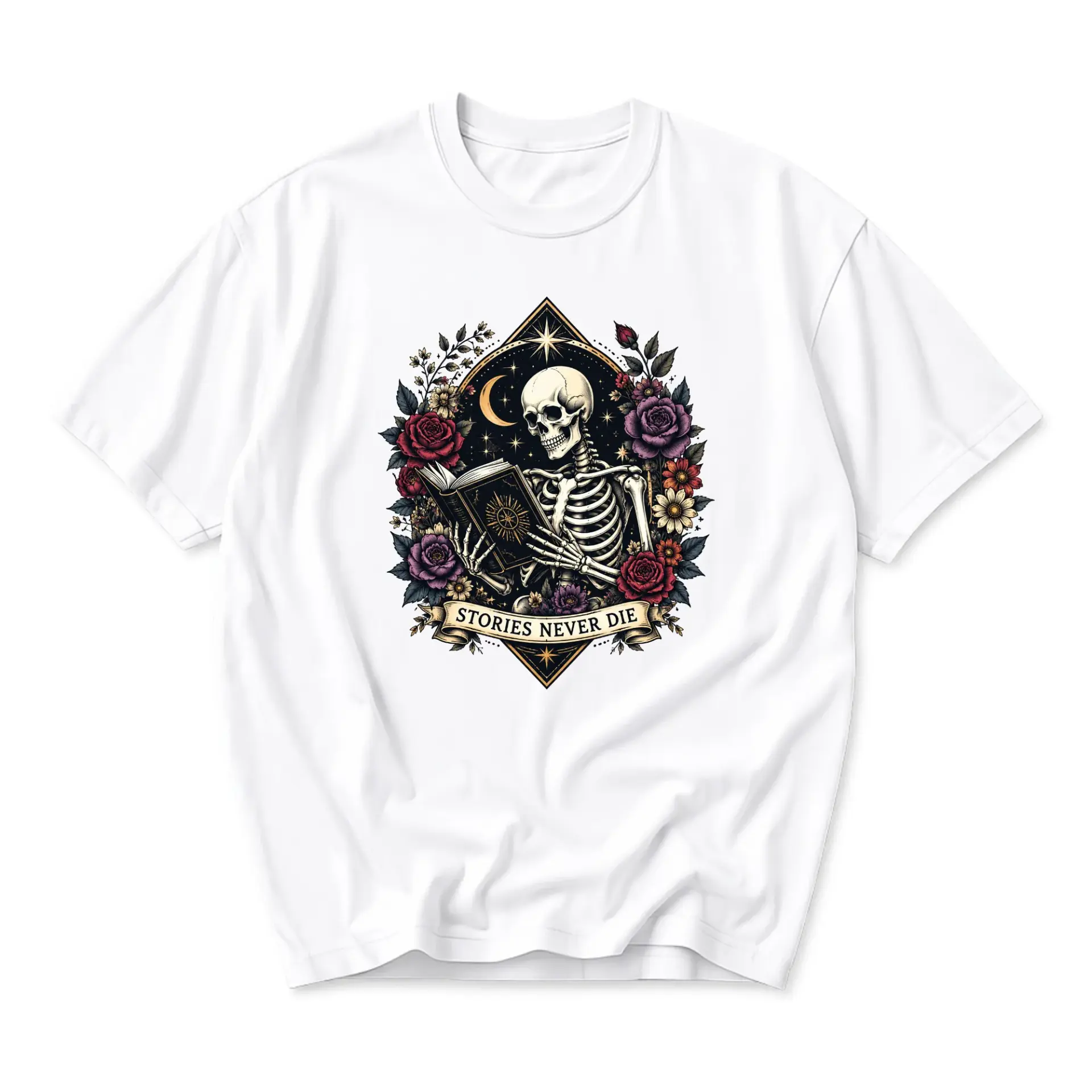 Graphic Tee Stories Never Die Skeleton Reading Book Floral Unisex T-Shirt Literary Dark Academia Casual Short Sleeve Top