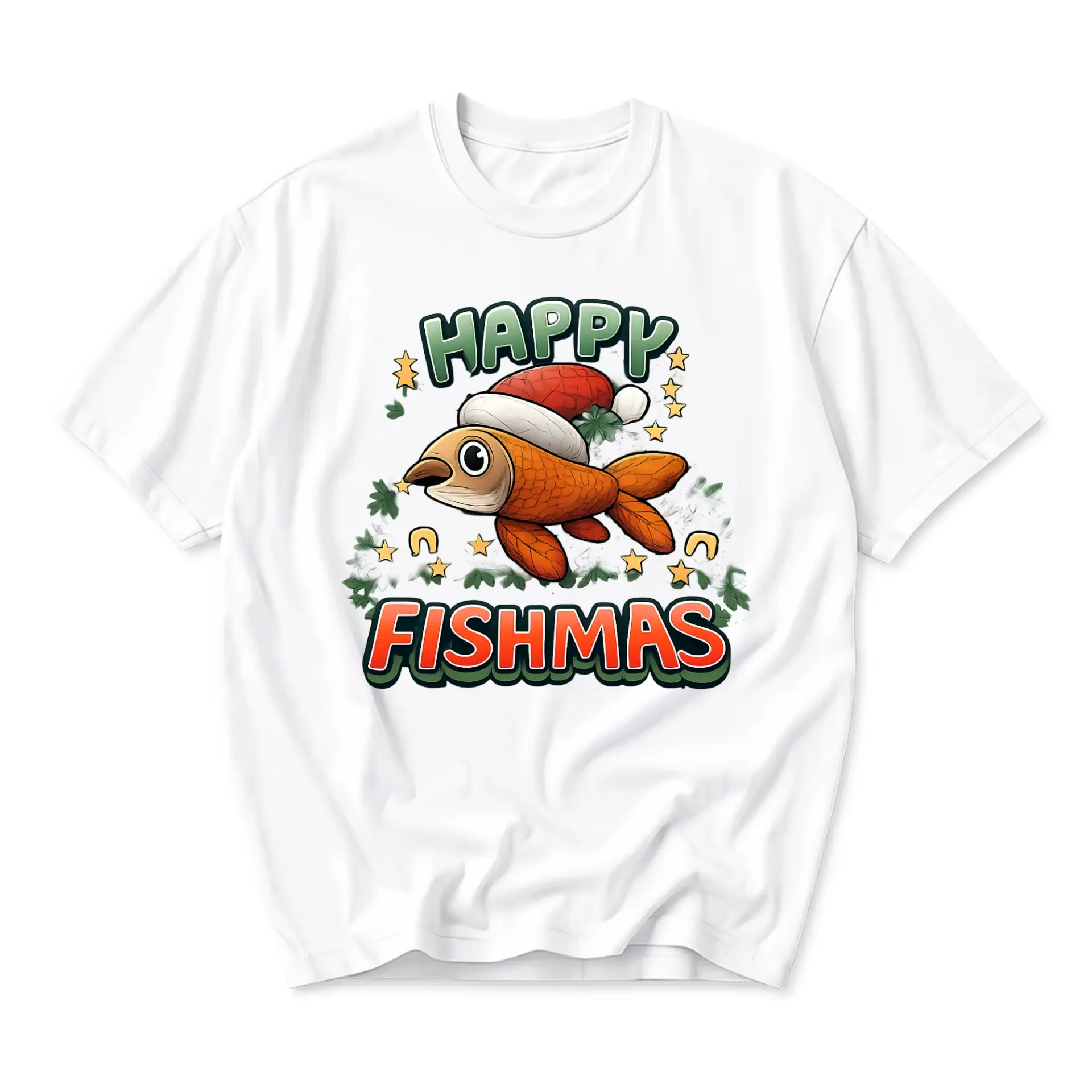Funny Shirt Happy Fishmas Unisex Graphic Printed T-Shirt Soft Cotton Crew Neck Casual Holiday Festive Apparel Top