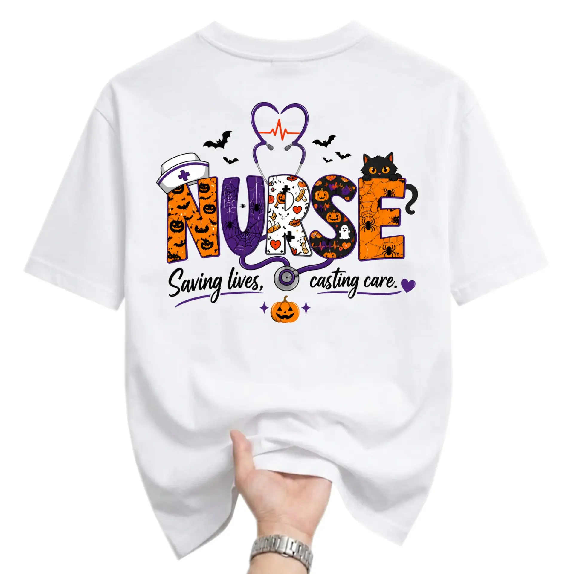 Funny Shirt Nurse Saving Lives Casting Care Halloween Graphic Tee Soft Cotton Casual Unisex Crew Neck Top