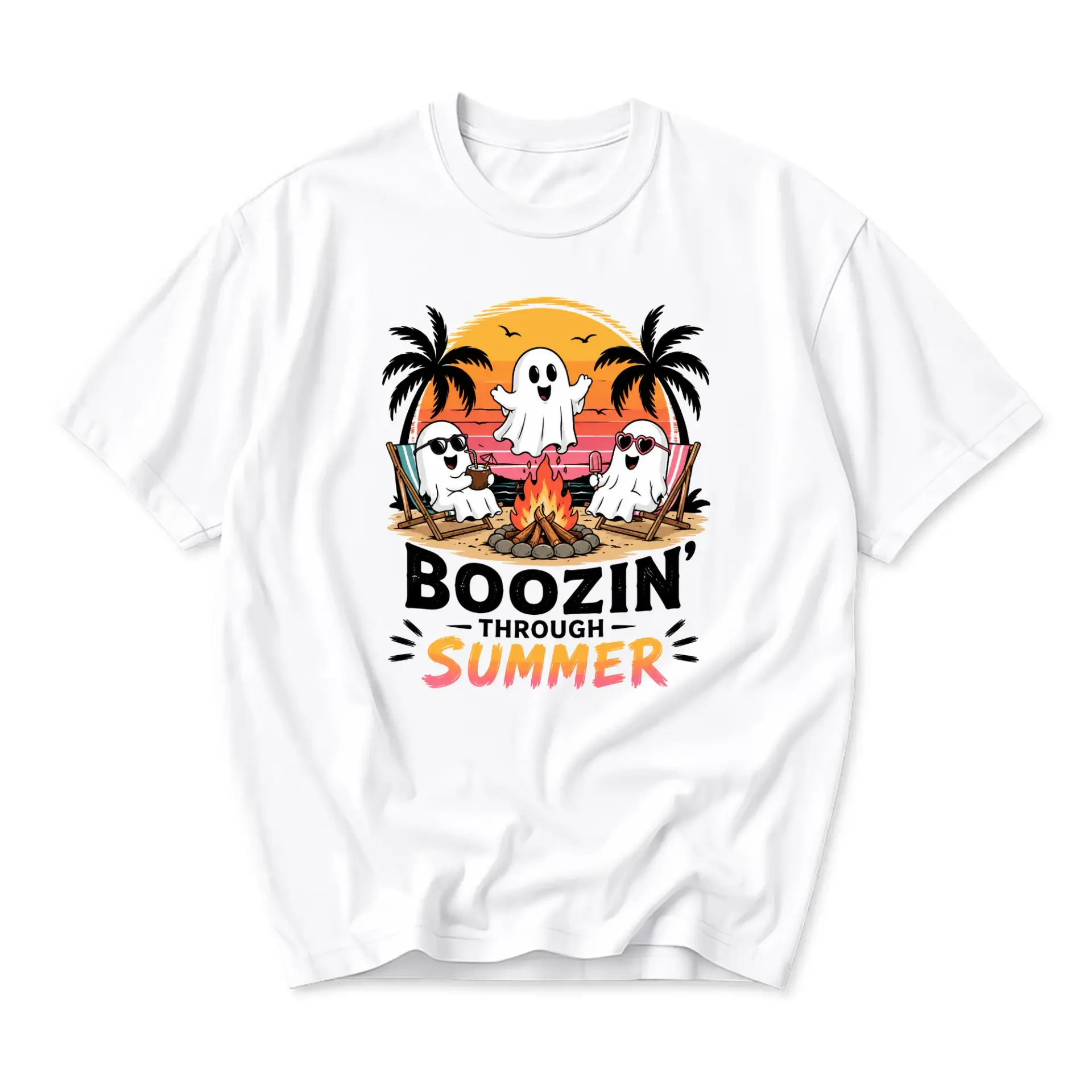 Funny Shirt Boozin Through Summer Ghost Graphic Tee Casual Unisex Crew Neck Top for Vacation Beach Trip and Everyday Wear