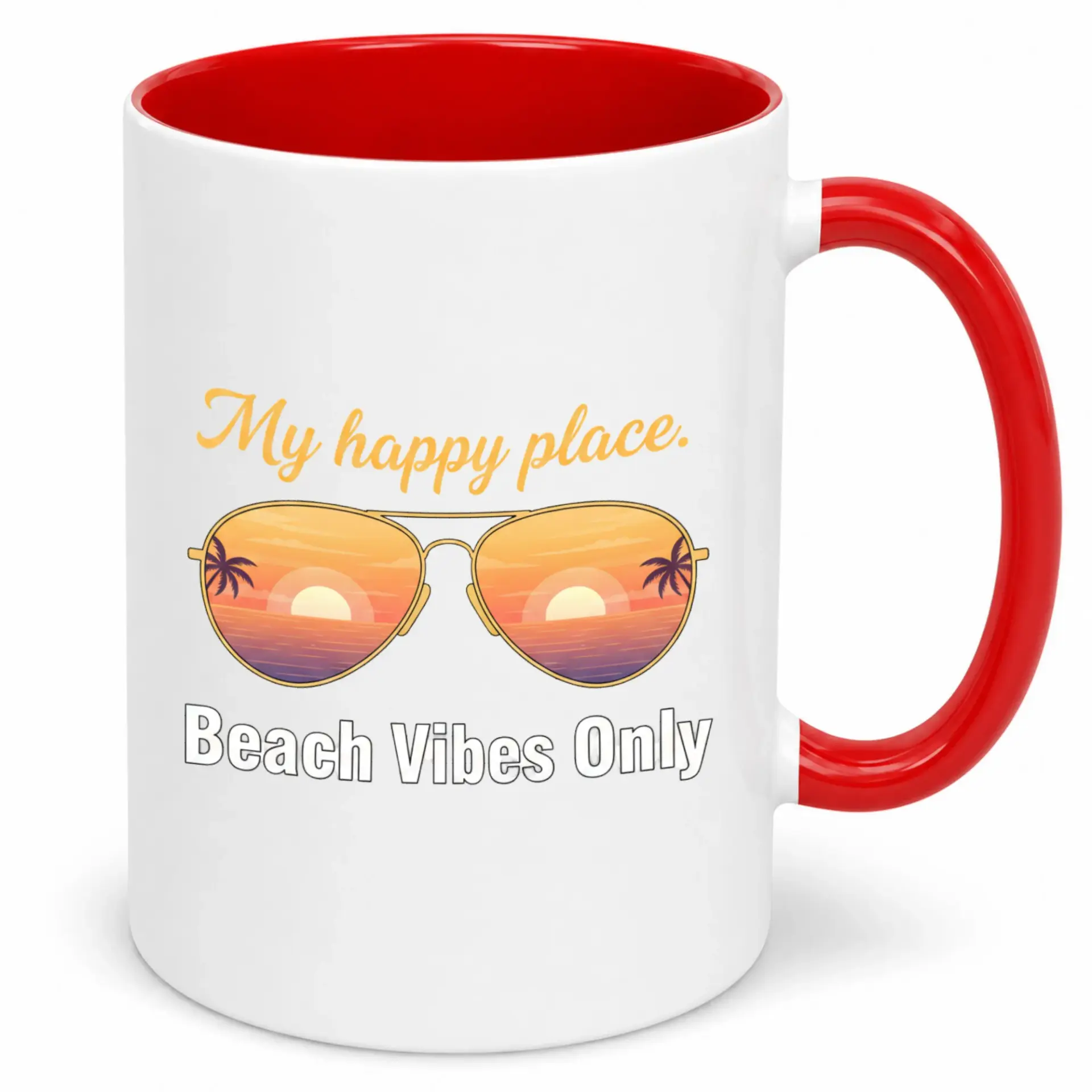 Beach Vibes Only Coffee Mug with Sunset Sunglasses Design, My Happy Place Ceramic Drinkware Gift for Summer, 11oz or 15oz Capacity