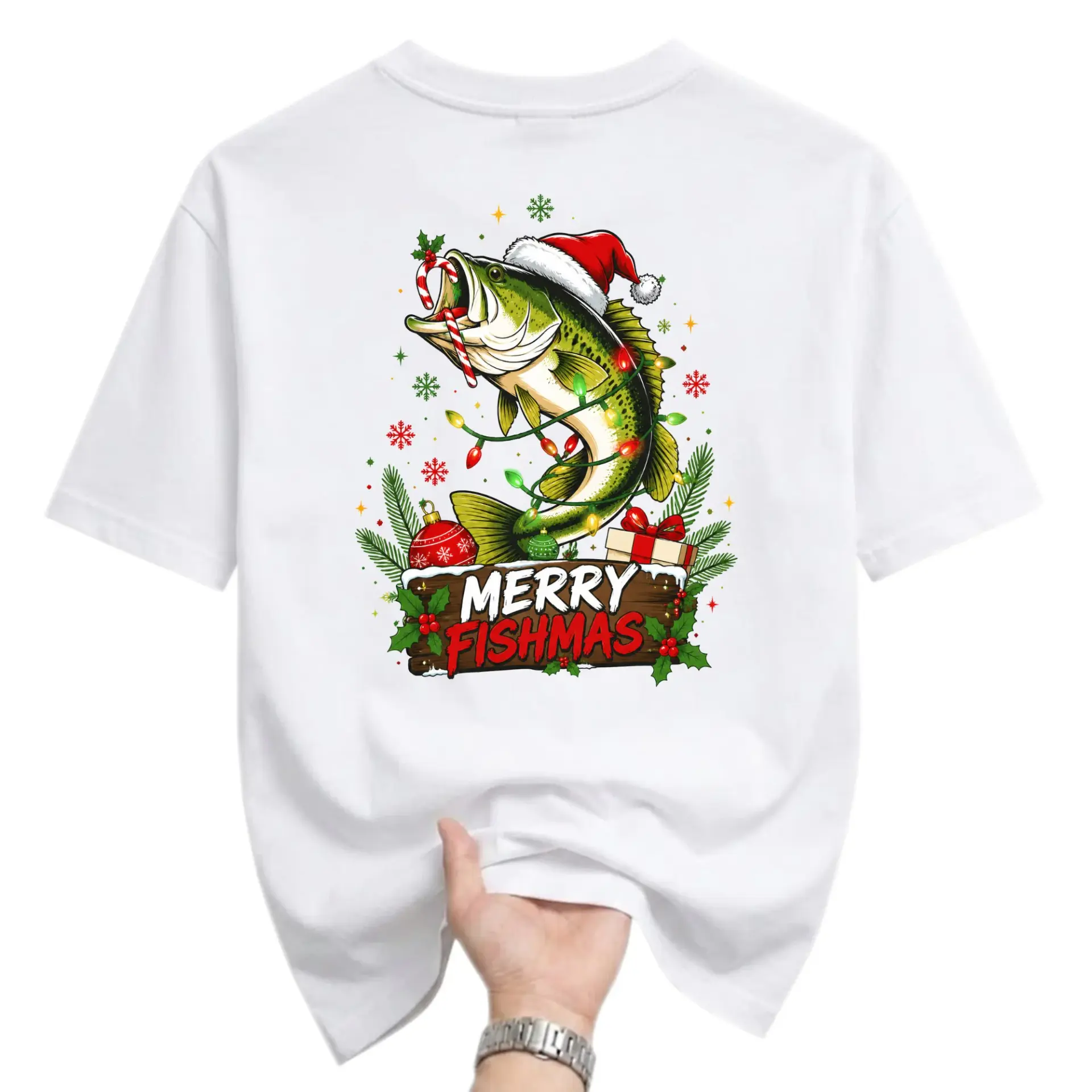 Funny Shirt Merry Fishmas Holiday Fishing Graphic Tee Unisex Short Sleeve Crew Neck Casual Cotton Top