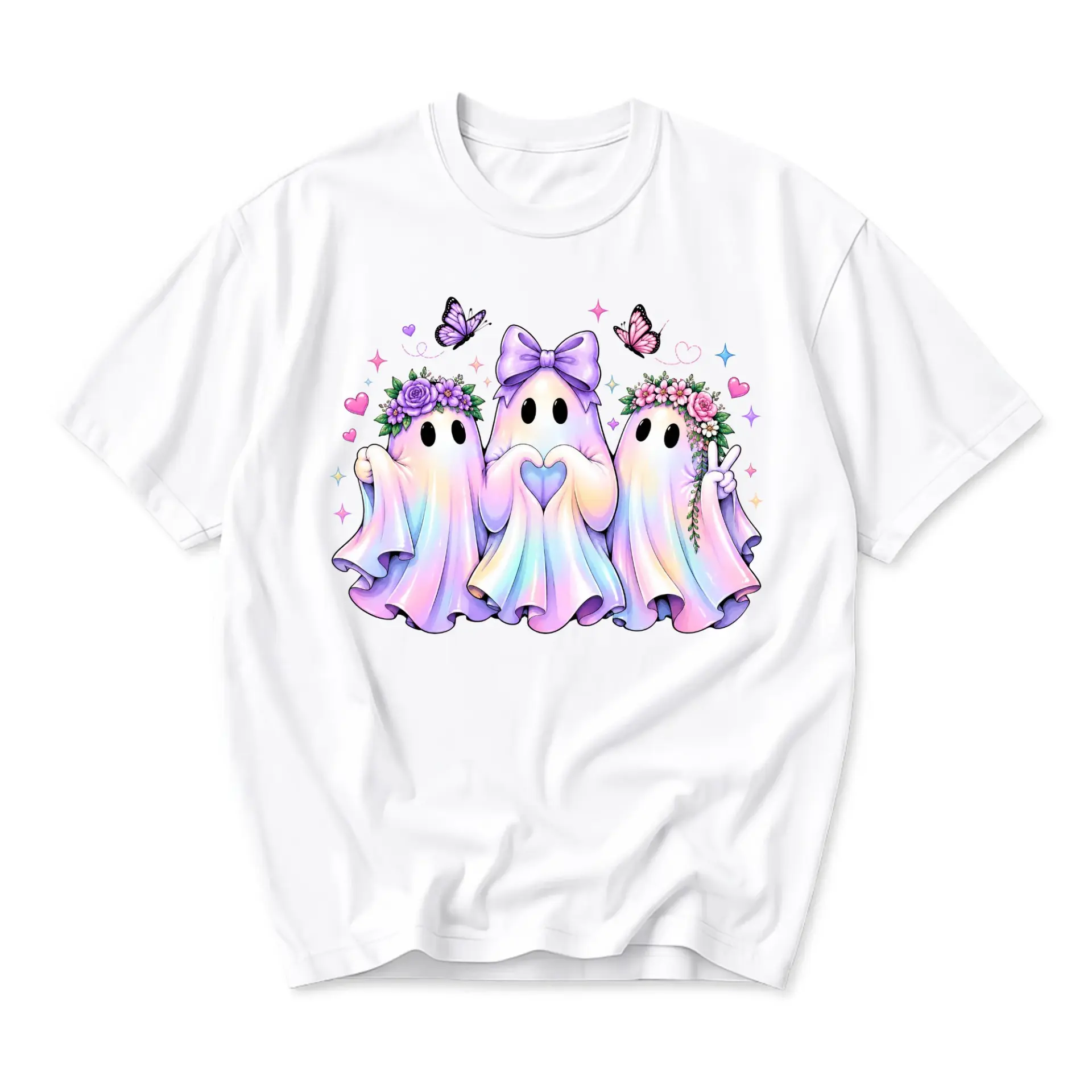 Graphic Tee Cute Pastel Ghost Trio Shirt for Women and Men Whimsical Spooky Aesthetic Casual Summer Crew Neck Top