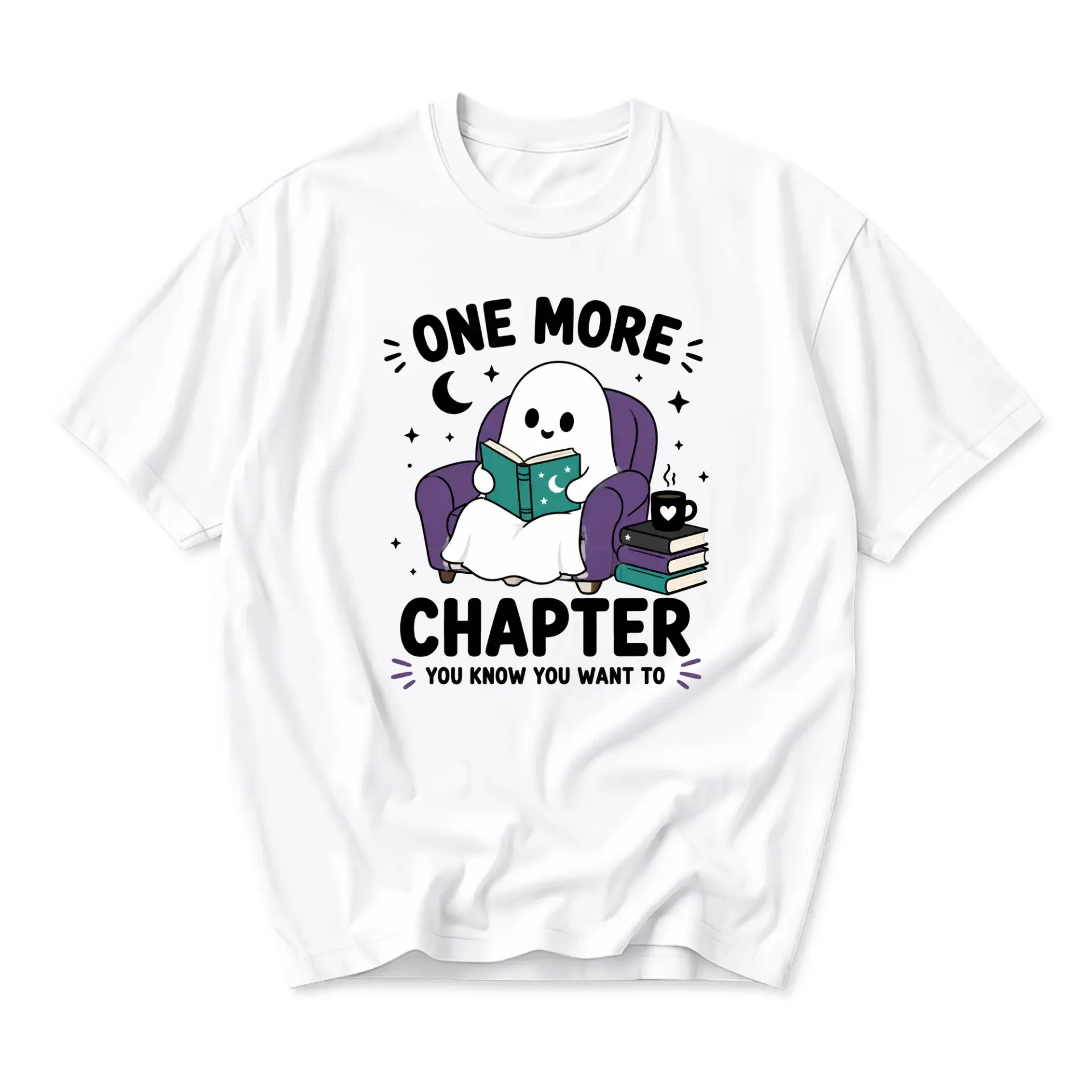 Graphic Tee One More Chapter Ghost Reading Book Unisex Crew Neck Casual Shirt Comfortable Cotton Blend Top for Readers