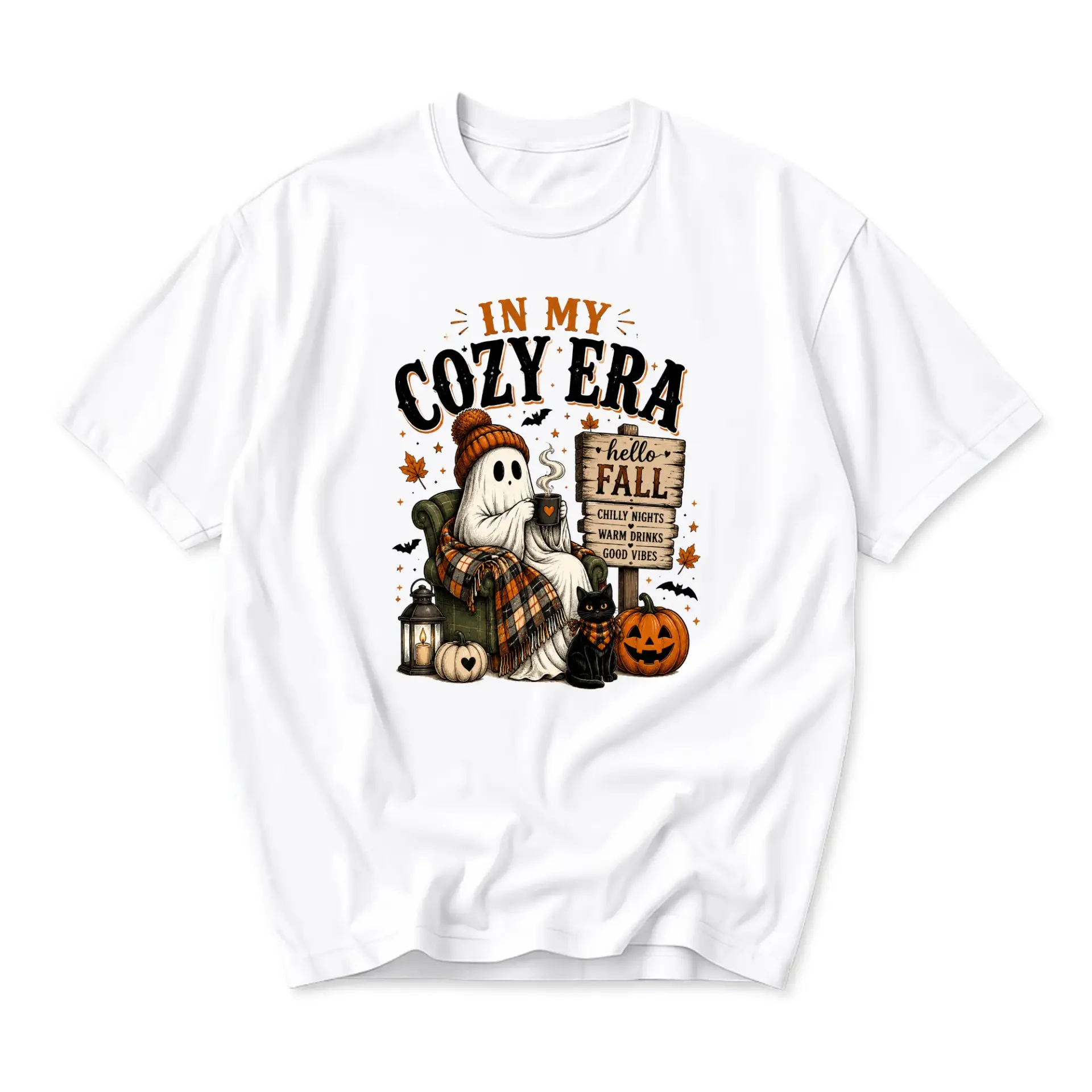 Graphic Tee in My Cozy Era Ghost Shirt Autumn Pumpkin Seasonal Unisex Crew Neck Soft Cotton Casual Apparel