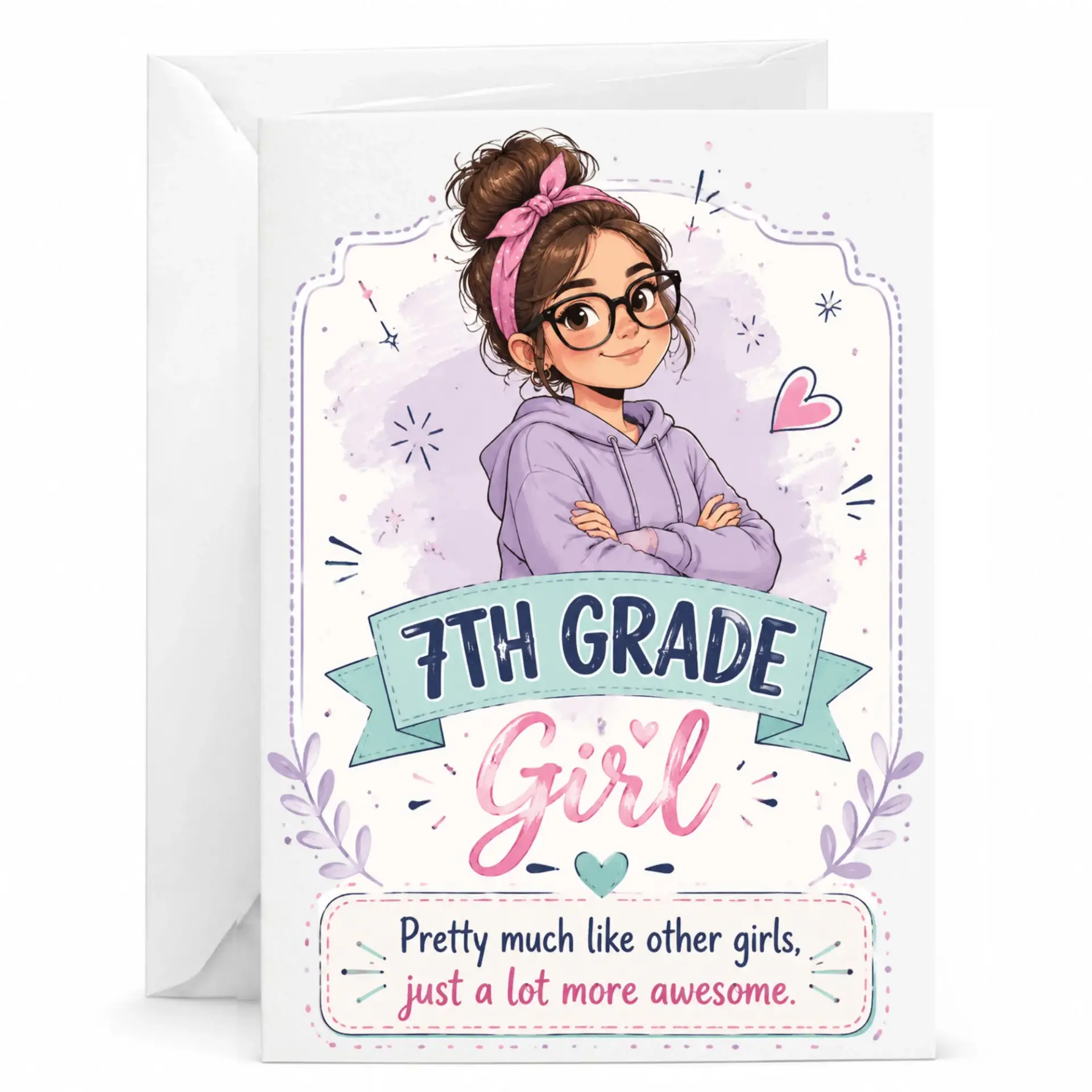 Funny 7th Girl Greeting Card Encouragement Note with Envelope for Milestone and Academic