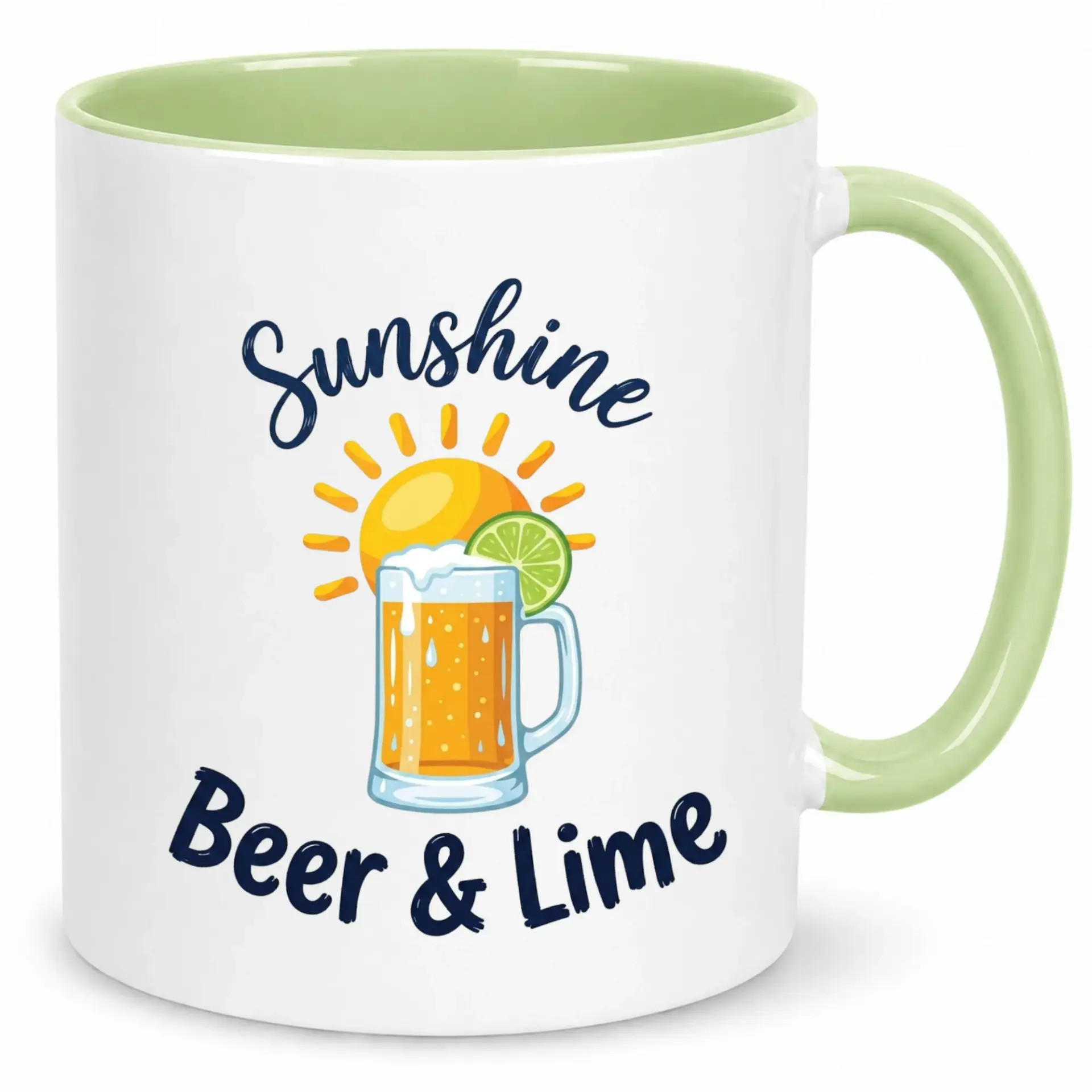 Funny Sunshine Beer and Lime Ceramic Coffee Mug with Green Handle and Interior, Unique Summer Beverage Drinkware Gift Idea